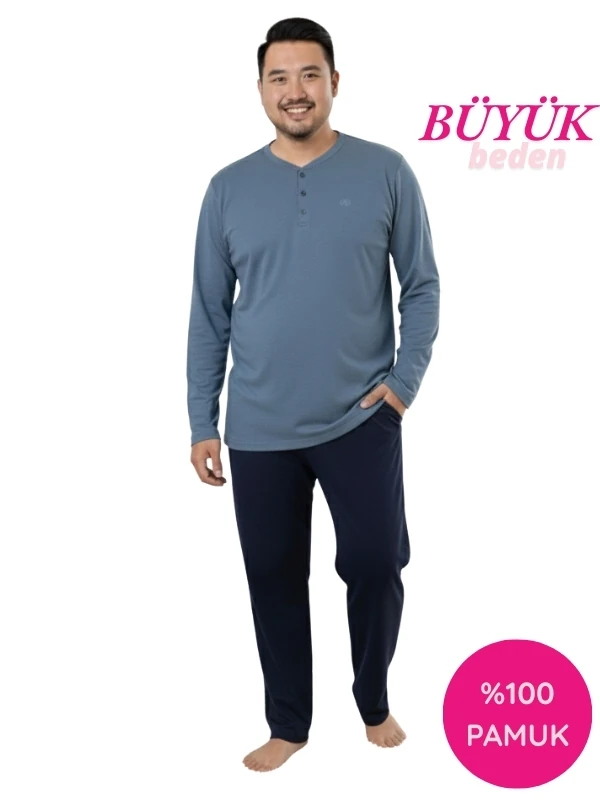 Erkek Füme Lacivert Büyük Beden 3 Düğmeli %100 Pamuk Mevsimlik Uzun Kol Cepli Pijama Takımı