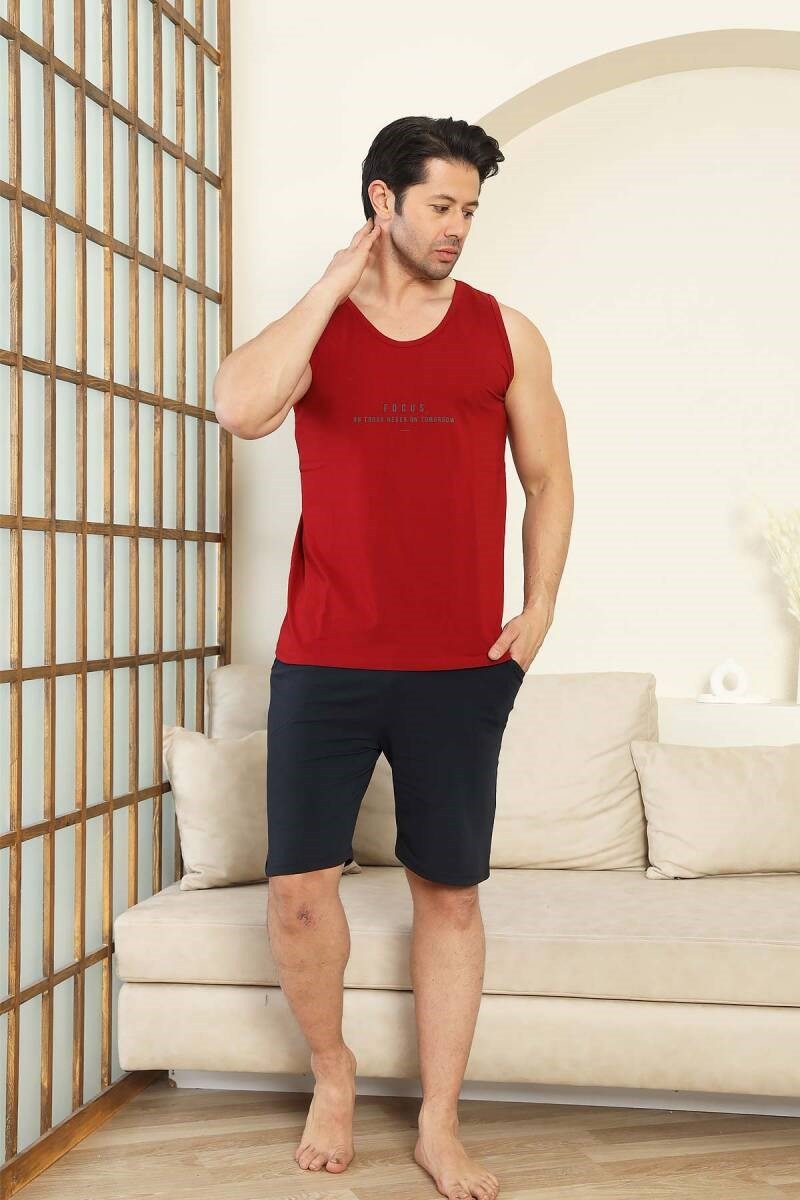 Erkek Bisiklet Yaka Düğmesiz %100 Pamuk Atlet Sporcu Kol Cepli Şortlu Pijama Takımı