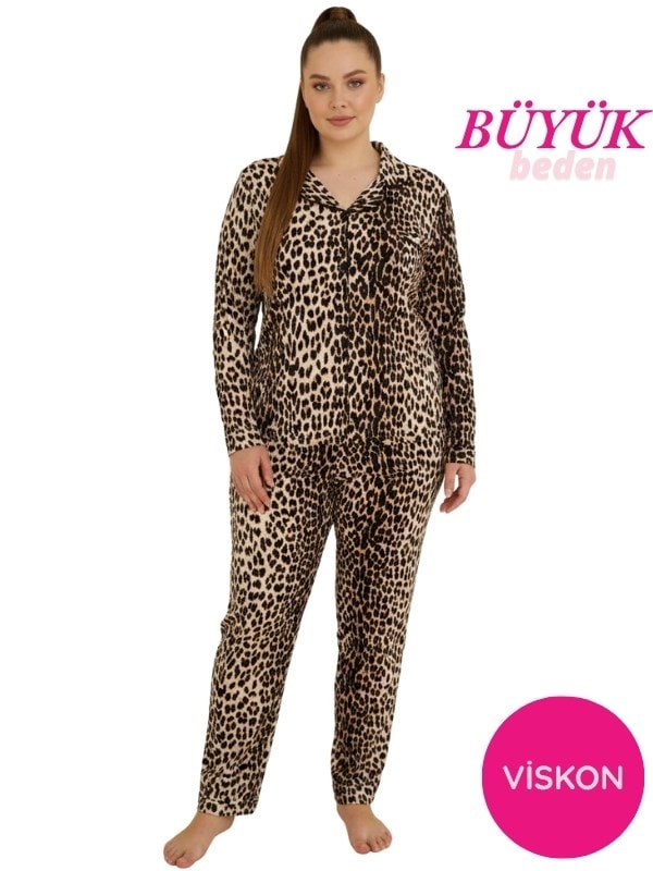 Kadın Büyük Beden Viskon Önden Düğmeli Gömlek Yaka Mevsimlik Göğüs Cepli Uzun Kollu Pijama Takımı