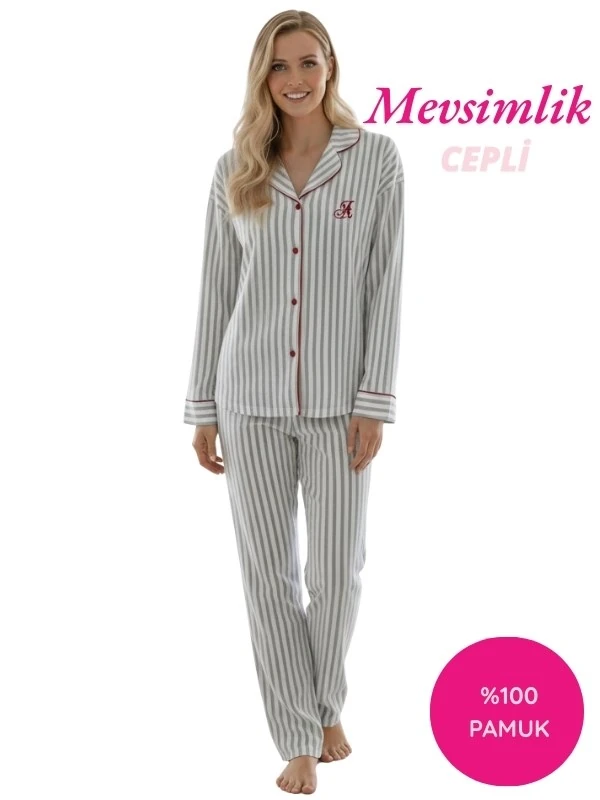 Kadın Beyaz Çizgili %100 Pamuk Kumaş Mevsimlik Uzun Kol Cepli Pijama Takımı