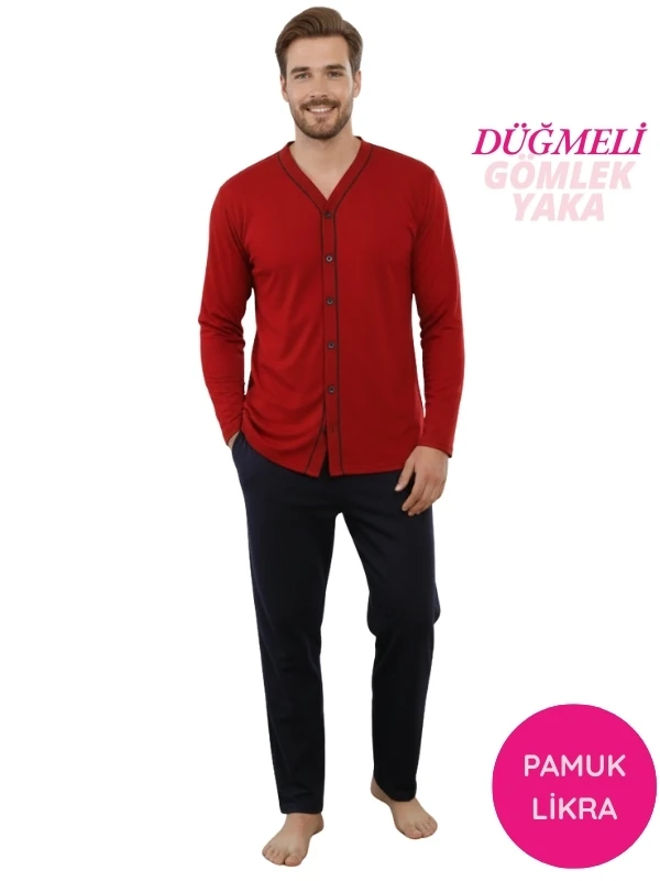 Erkek V Yaka Önden Düğmeli Pamuk Likra Mevsimlik Uzun Kol Cepli Pijama Takımı