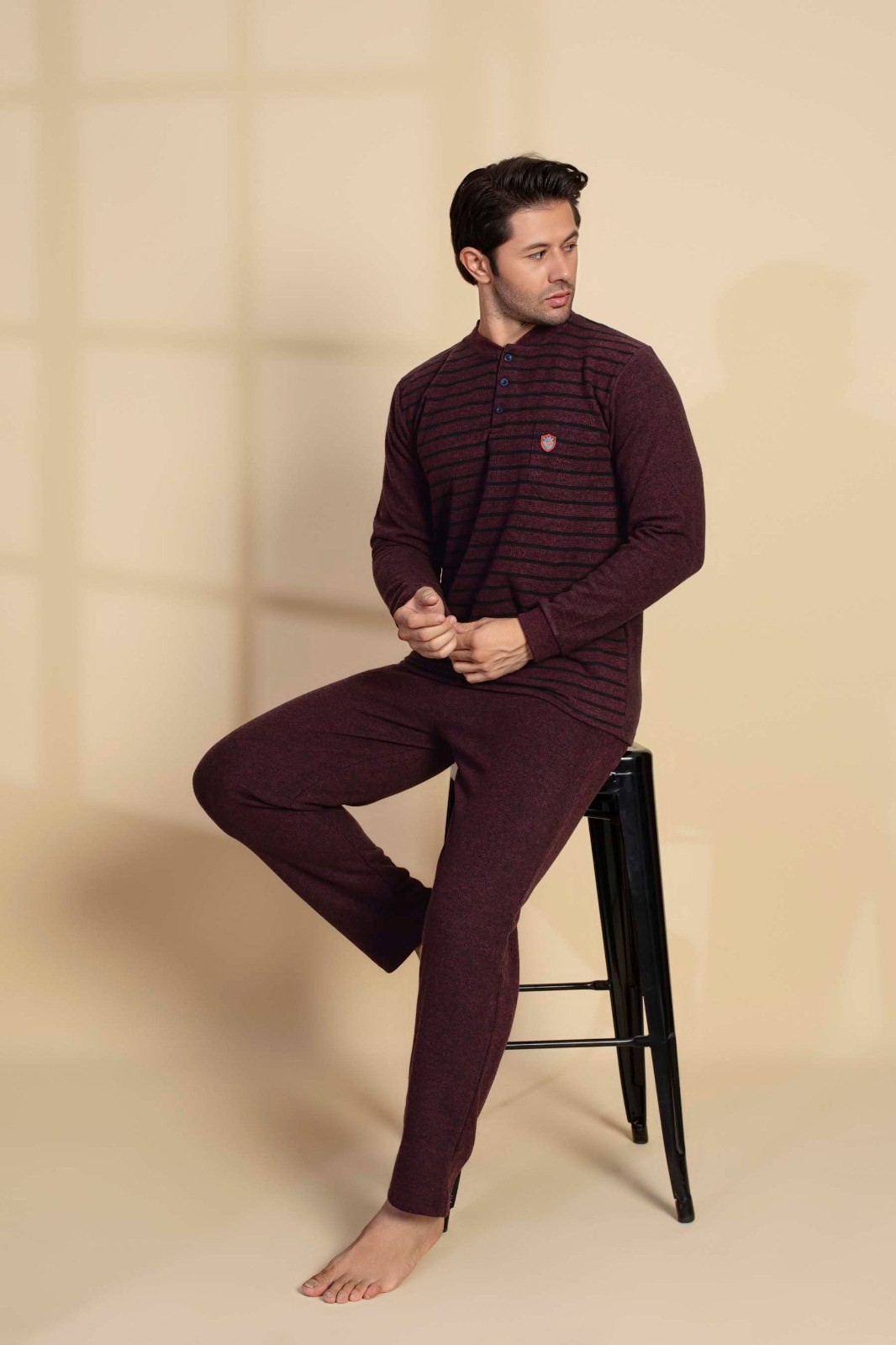 Erkek 3 Düğme Uzun Kol Göğüs Cepli Kışlık Selanik Kumaş Cepli Pijama Takımı 