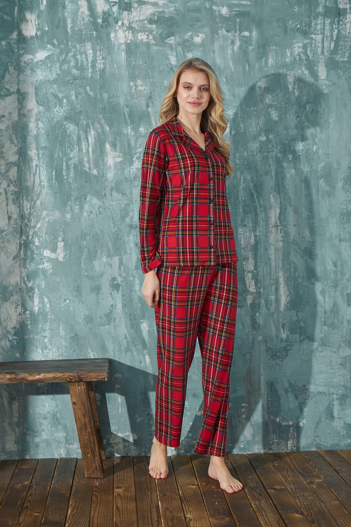 Kadın Süet Önden Düğmeli Gömlek Yaka Uzun Kol Kışlık Pijama Takım