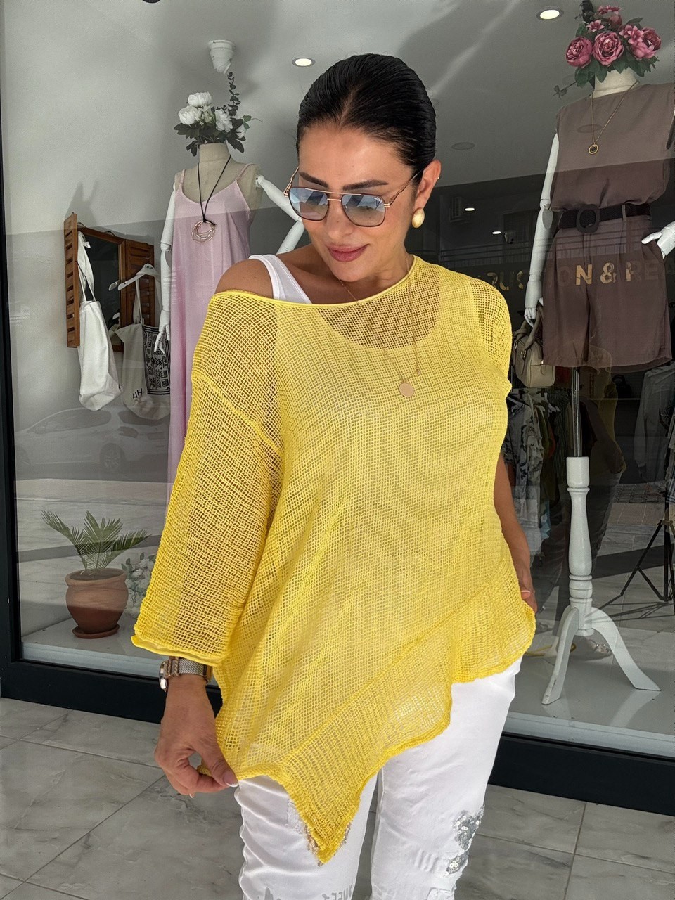ASİMETRİK SARI FİLE BLUZ