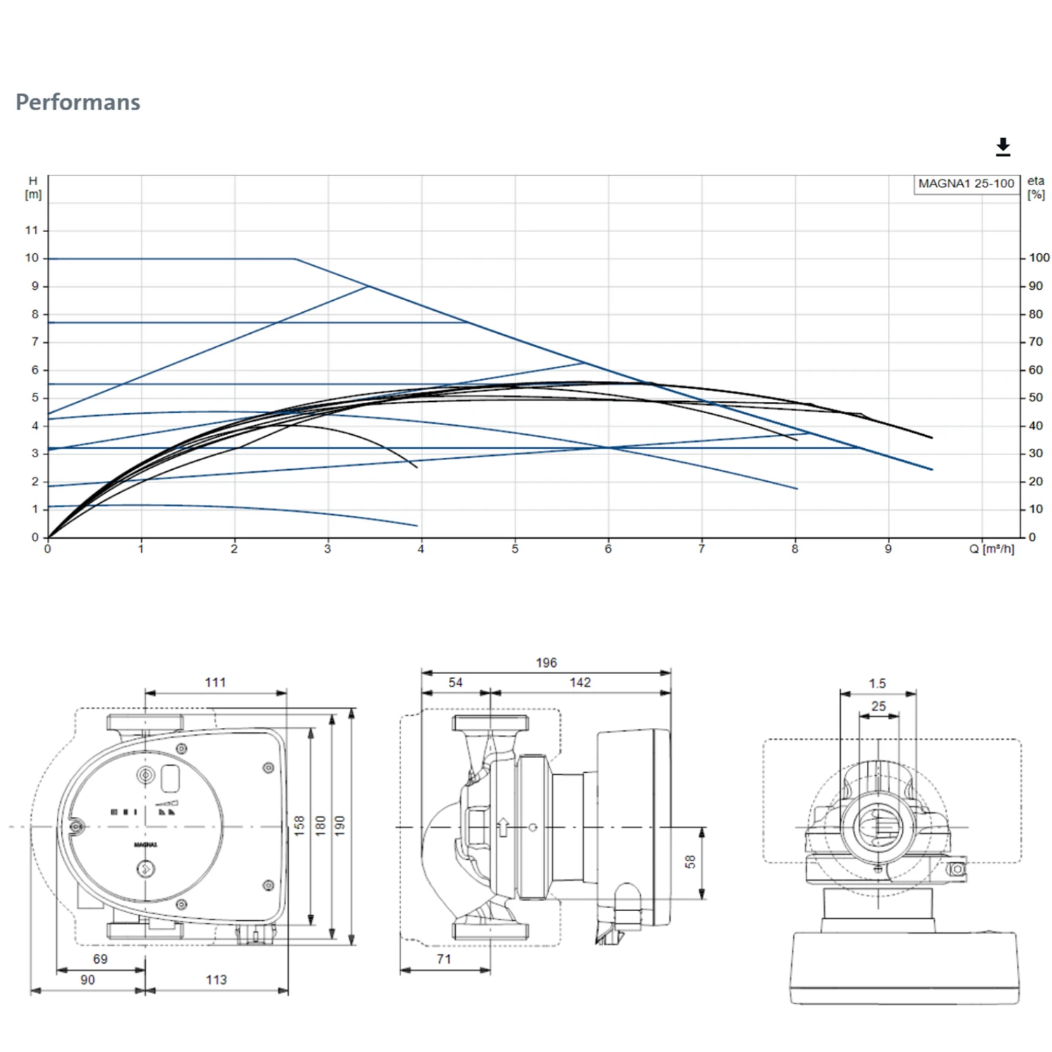 Grundfos Magna1 25-100 Sirkülasyon Pompası (Rakor Dahil)
