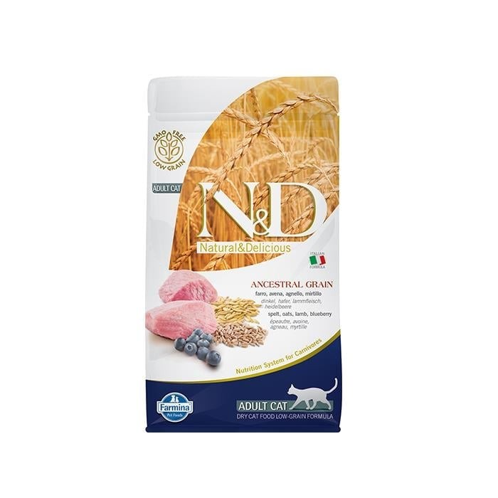 N&D Düşük Tahıllı, Kuzu Etli & Yaban Mersinli Yetişkin Kedi Maması (1,5 kg)