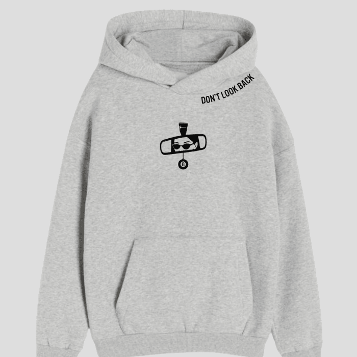 Gri Oversize Kapüşonlu Sweatshirt – “Don’t Look Back” Dikiz Aynası Baskılı