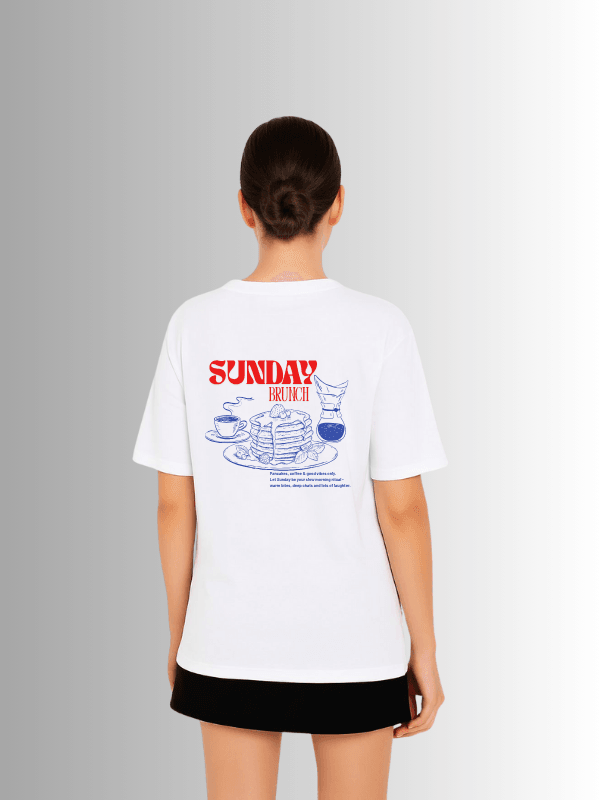 Sunday Brunch Baskılı %100 Pamuk Kadın Beyaz T-shirt
