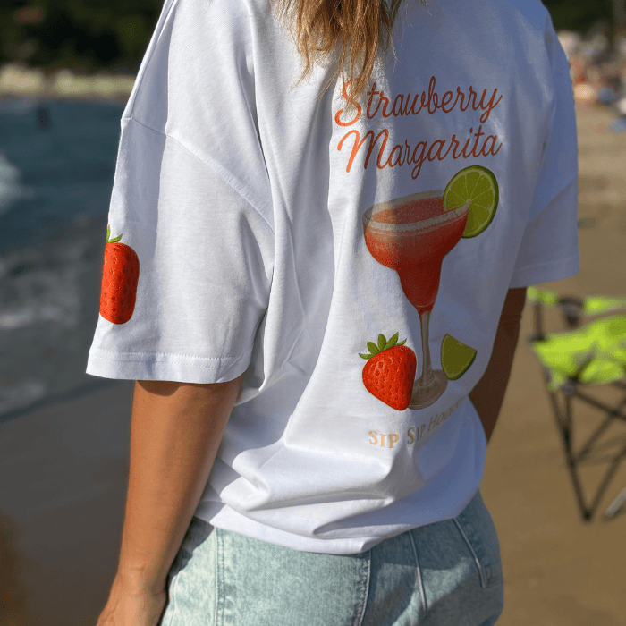 Strawberry Margarita Baskılı %100 Pamuk Kadın Beyaz T-shirt (tişört)