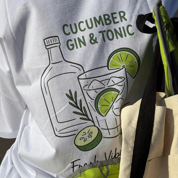 Cucumber Gın and Tonic Baskılı %100 Pamuk Kadın Beyaz T-shirt (tişört)