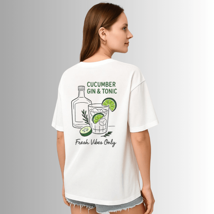 Cucumber Gın and Tonic Baskılı %100 Pamuk Kadın Beyaz T-shirt (tişört)