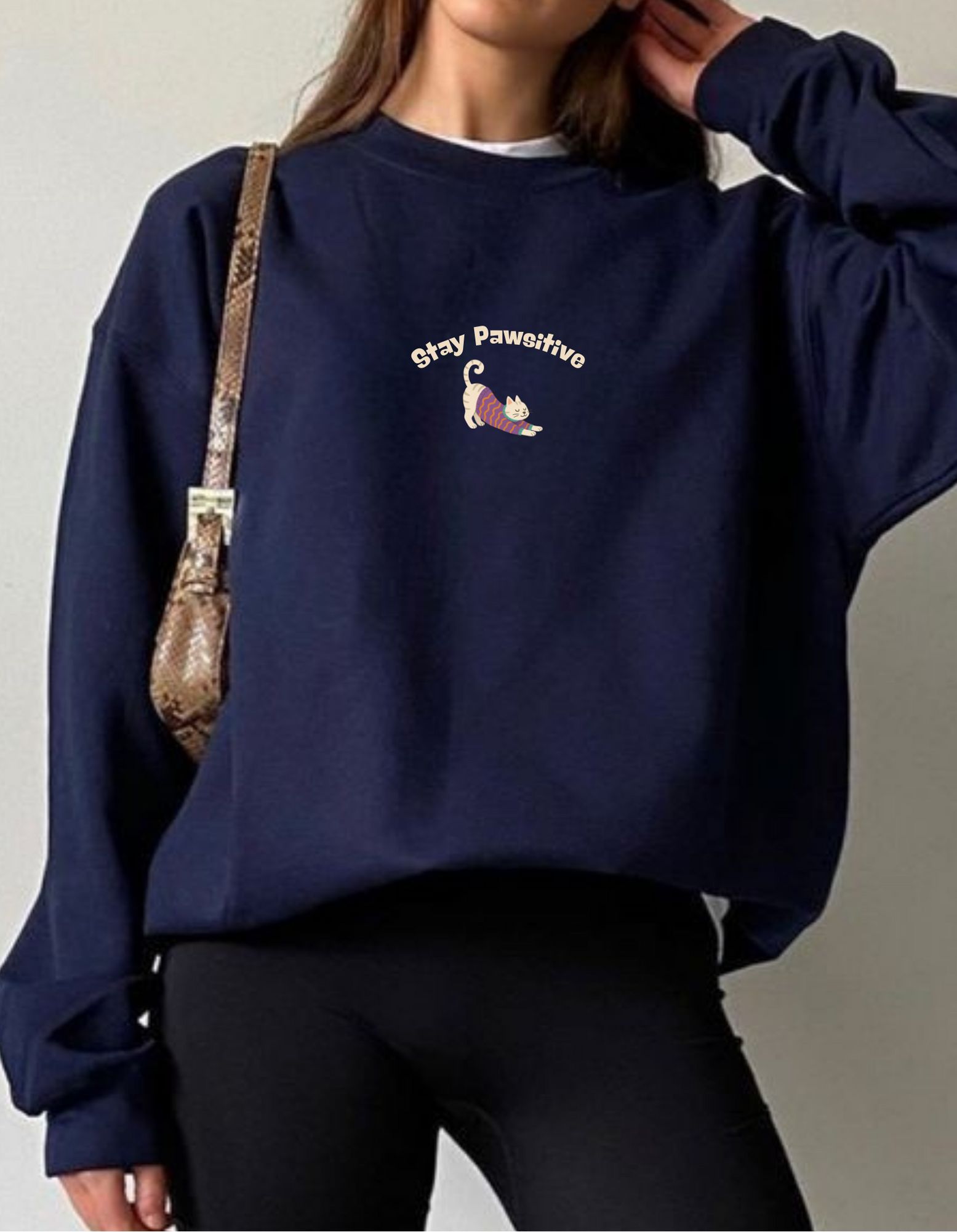 Lacivert Sweatshirt – Stay Pawsitive Kedi Baskılı 