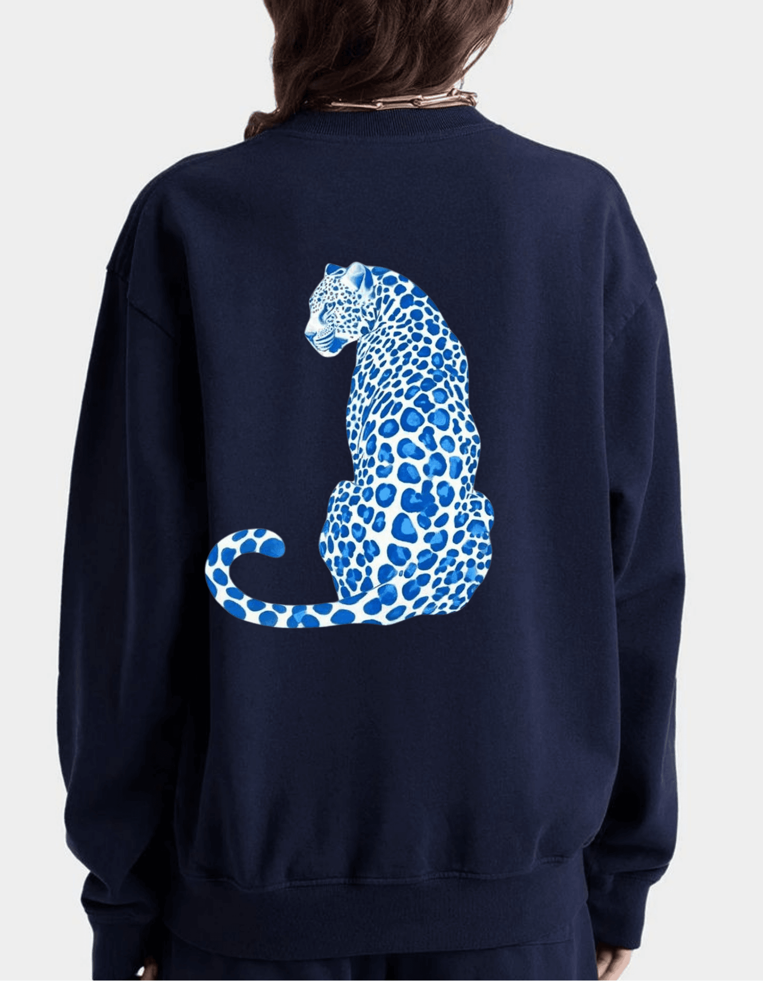 Lacivert Sweatshirt – Mavi Leopar Baskılı 