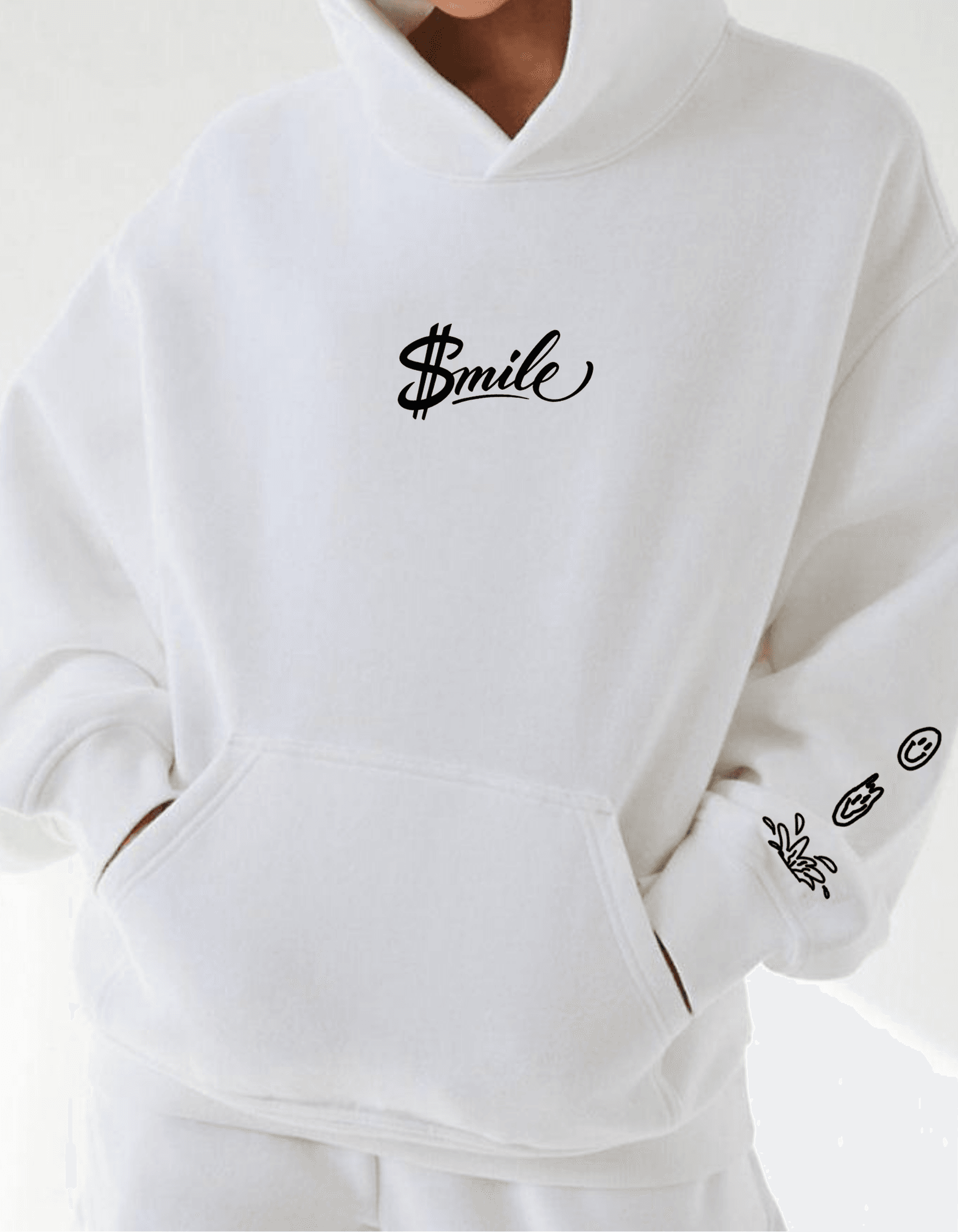 Beyaz Oversize Kapüşonlu Sweatshirt – “$mile” - Emoji Baskılı