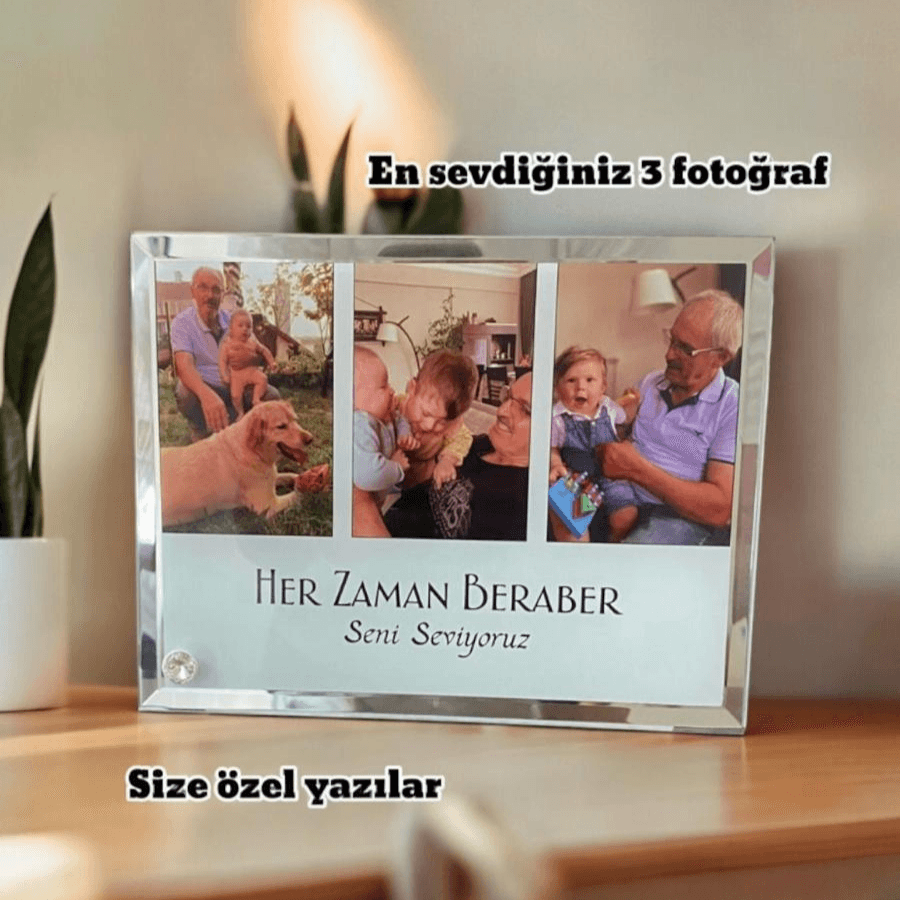 3 Fotoğraflı, Özel Mesajlı Kenarı Aynalı Çerçeve