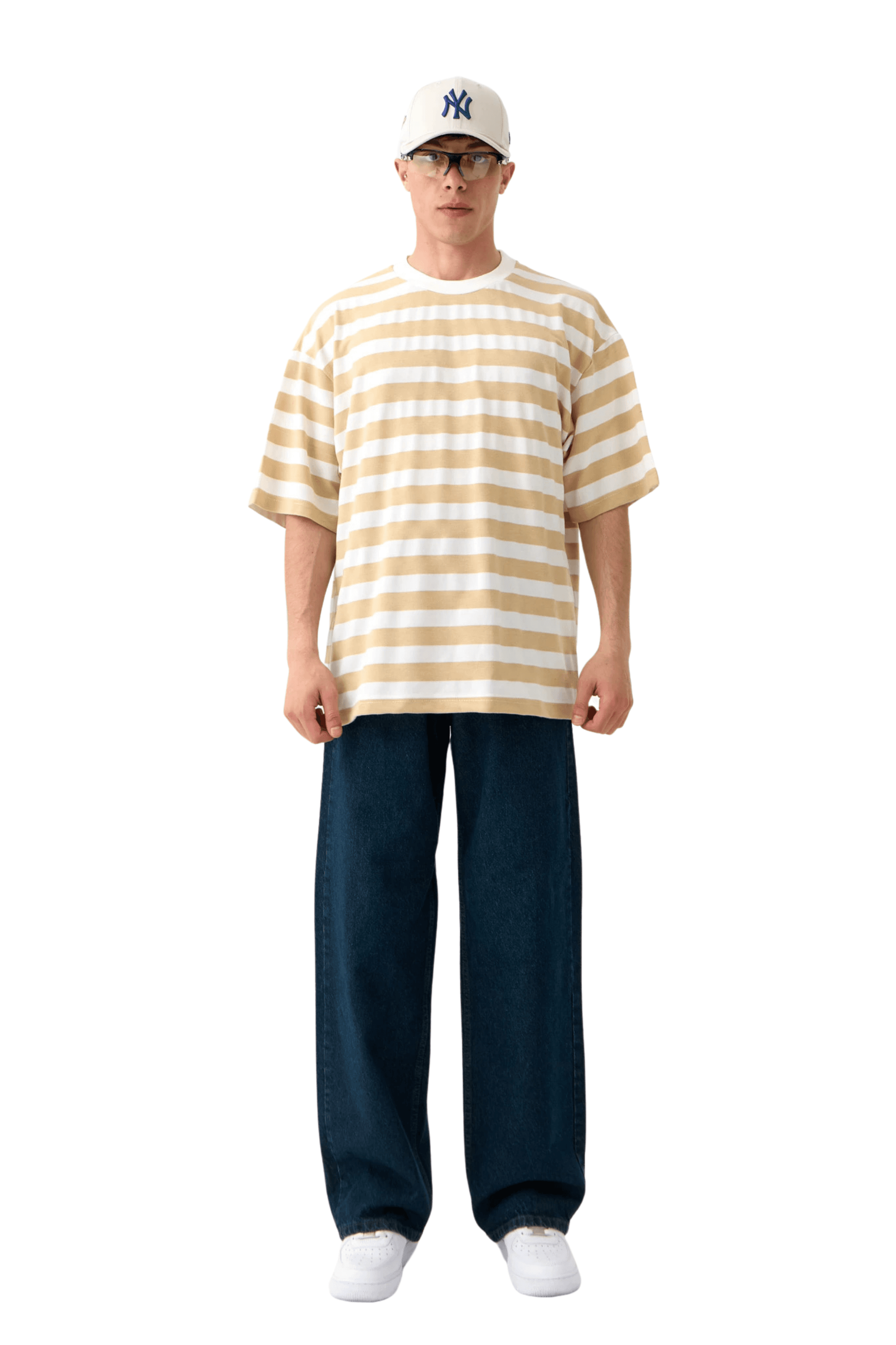 Yatay Çizgili Basic Oversize Tişört - AÇIK KAHVE