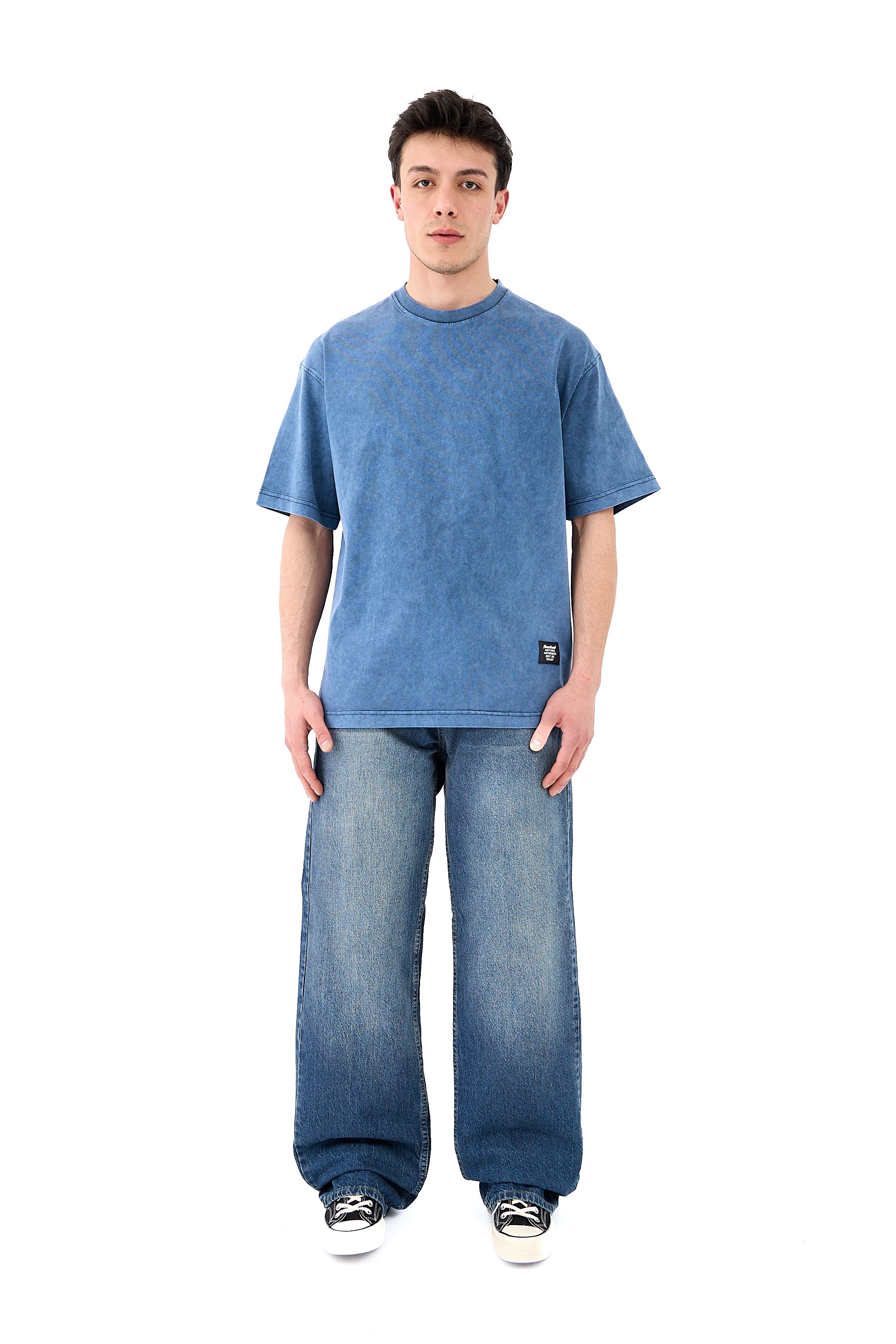 Acid Washed Basic Oversize Tişört - MAVİ