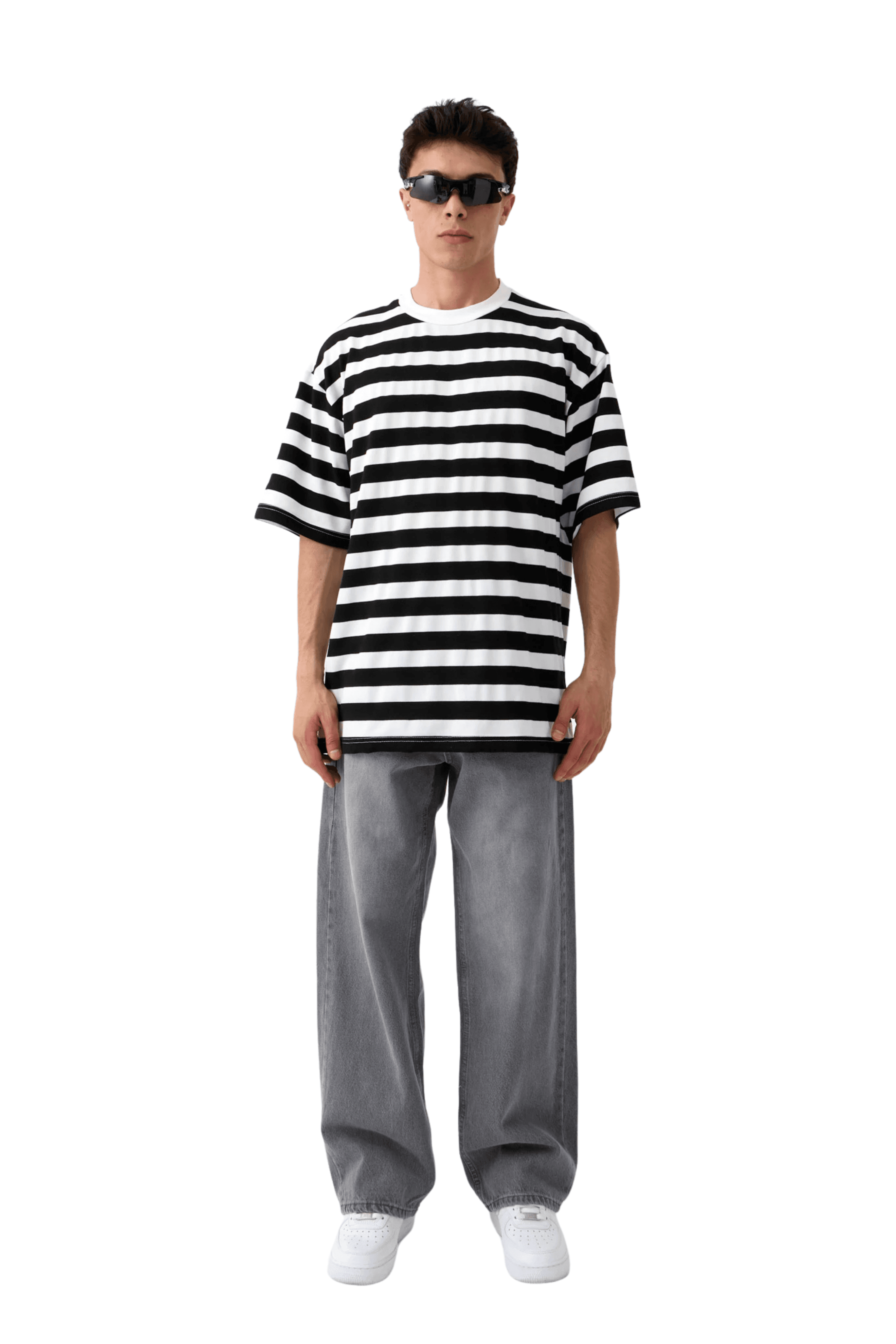 Yatay Çizgili Basic Oversize Tişört - SİYAH ÇİZGİLİ