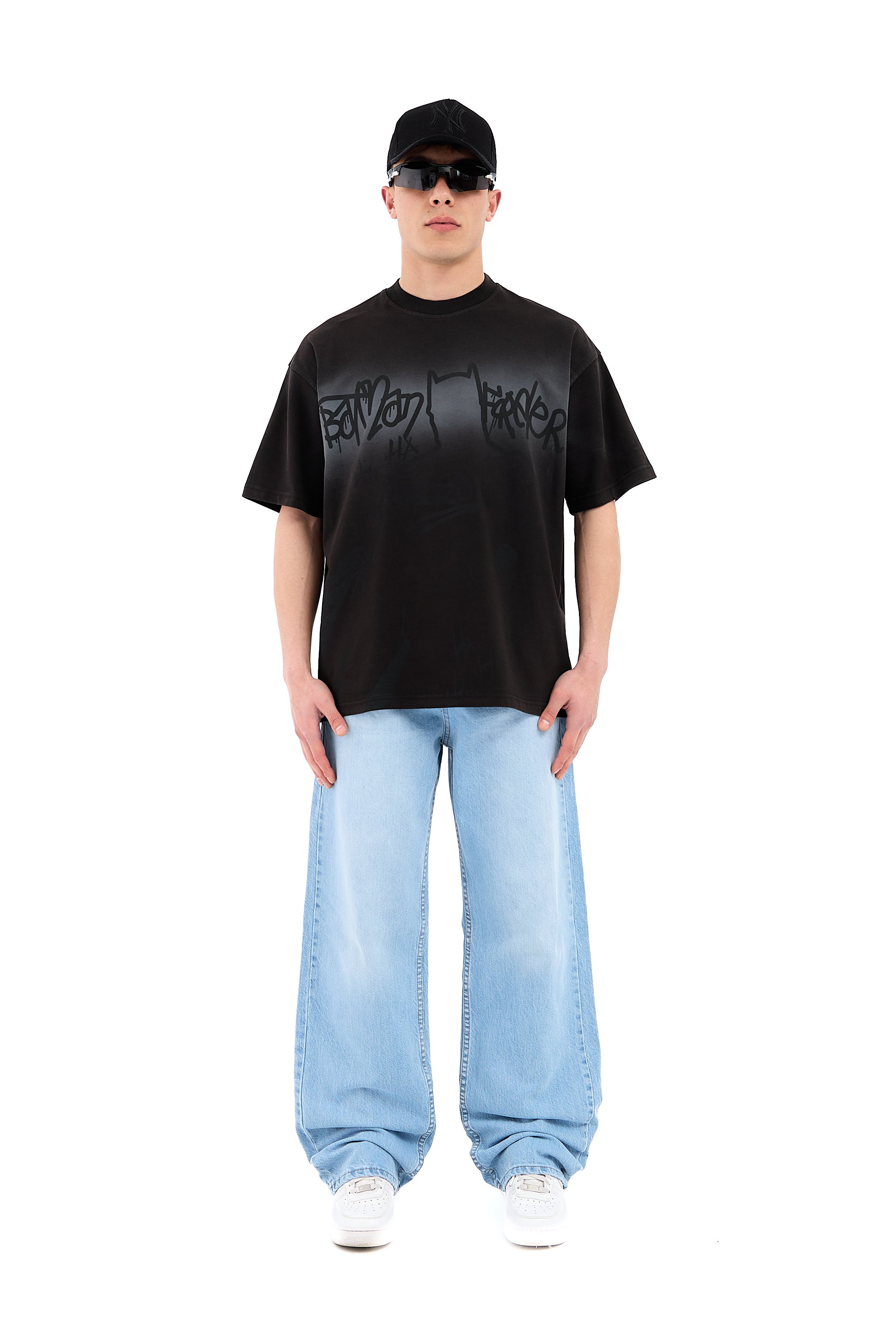 BATMAN BASKILI ACİD WASHED TİŞÖRT - SİYAH