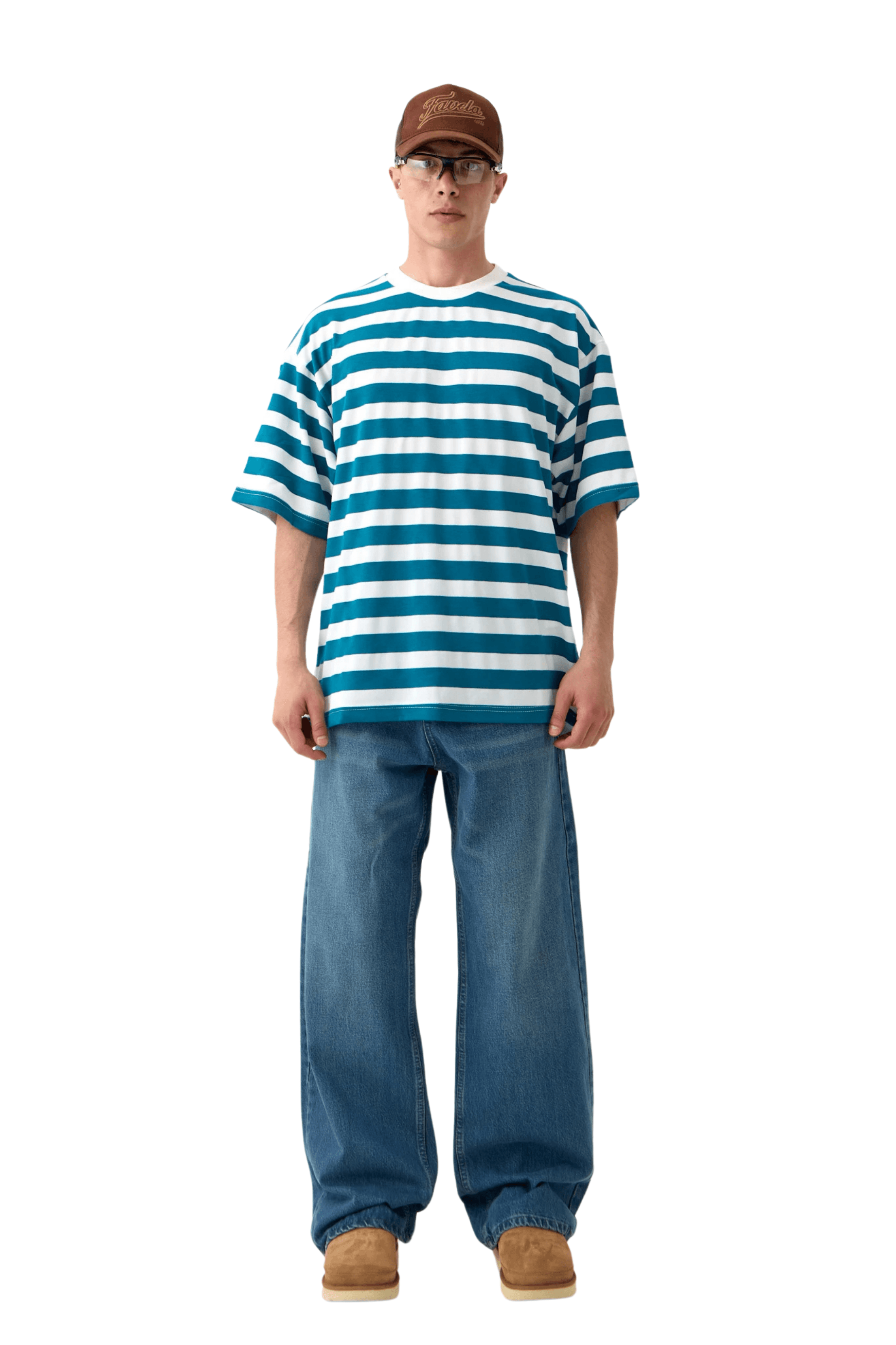 Yatay Çizgili Basic Oversize Tişört - MAVİ
