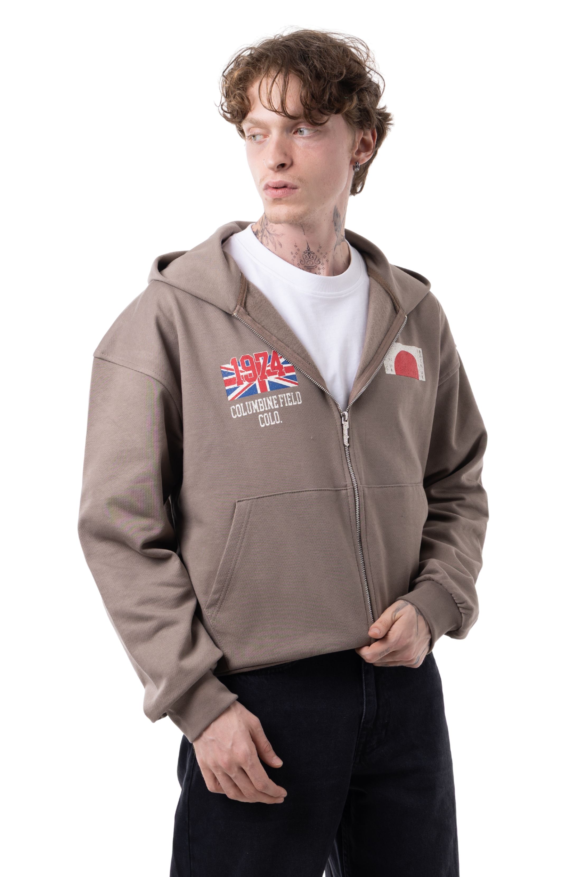 DİEGONEL WAR BASKILI ZİP - KAHVERENGİ