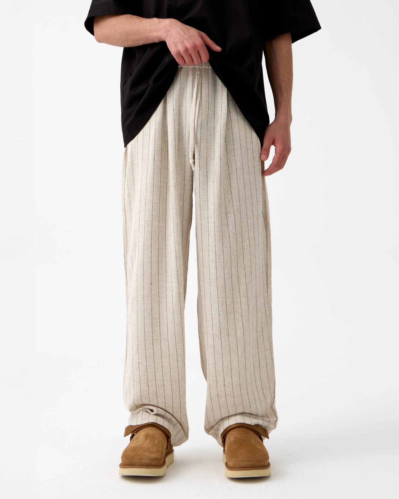 Bel Detaylı Baggy Fit Keten Pantolon