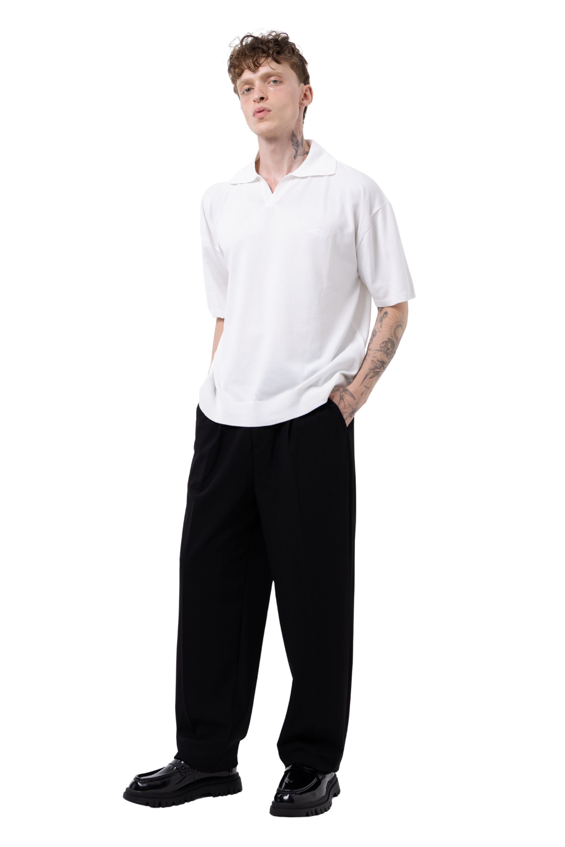 PATLI POLO YAKA CREP TRİKO - BEYAZ