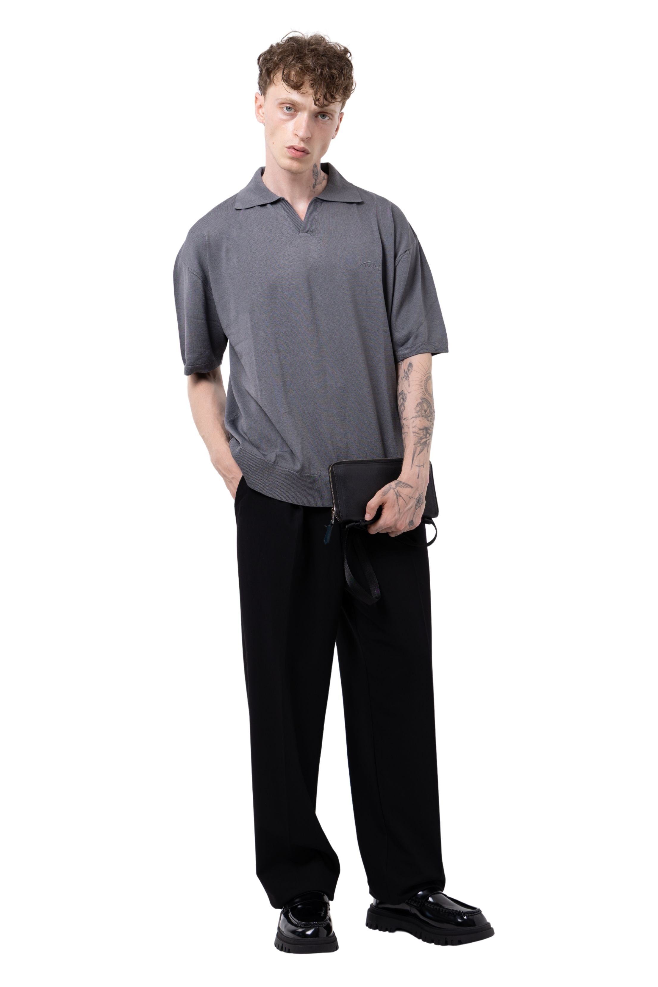 PATLI POLO YAKA CREP TRİKO - FÜME