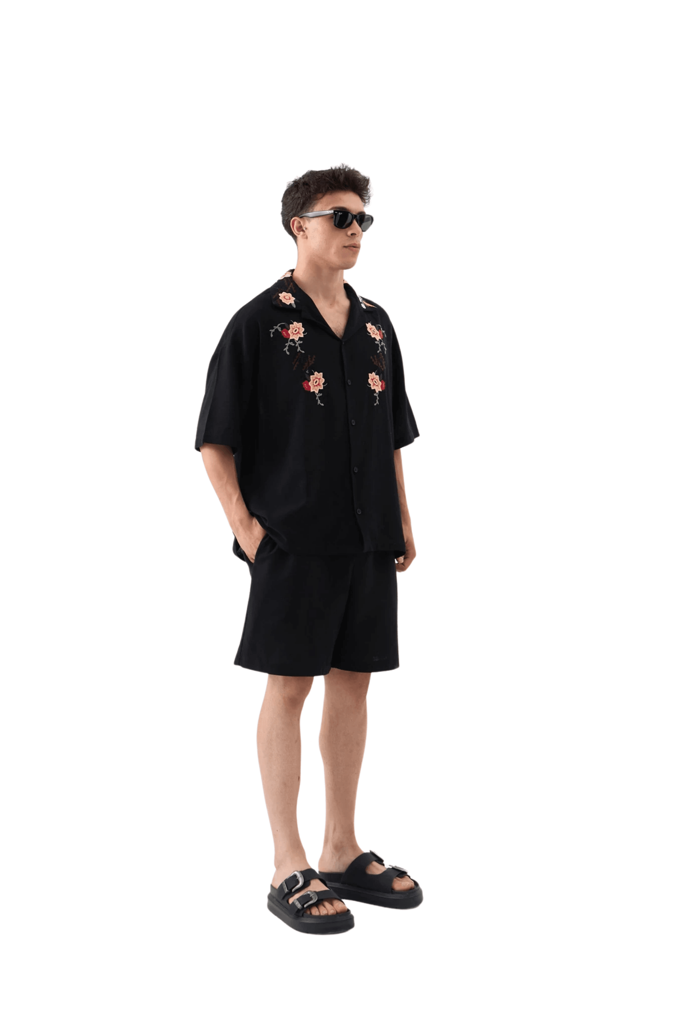 Yaka Nakış Detaylı Oversize Keten Gömlek - SİYAH