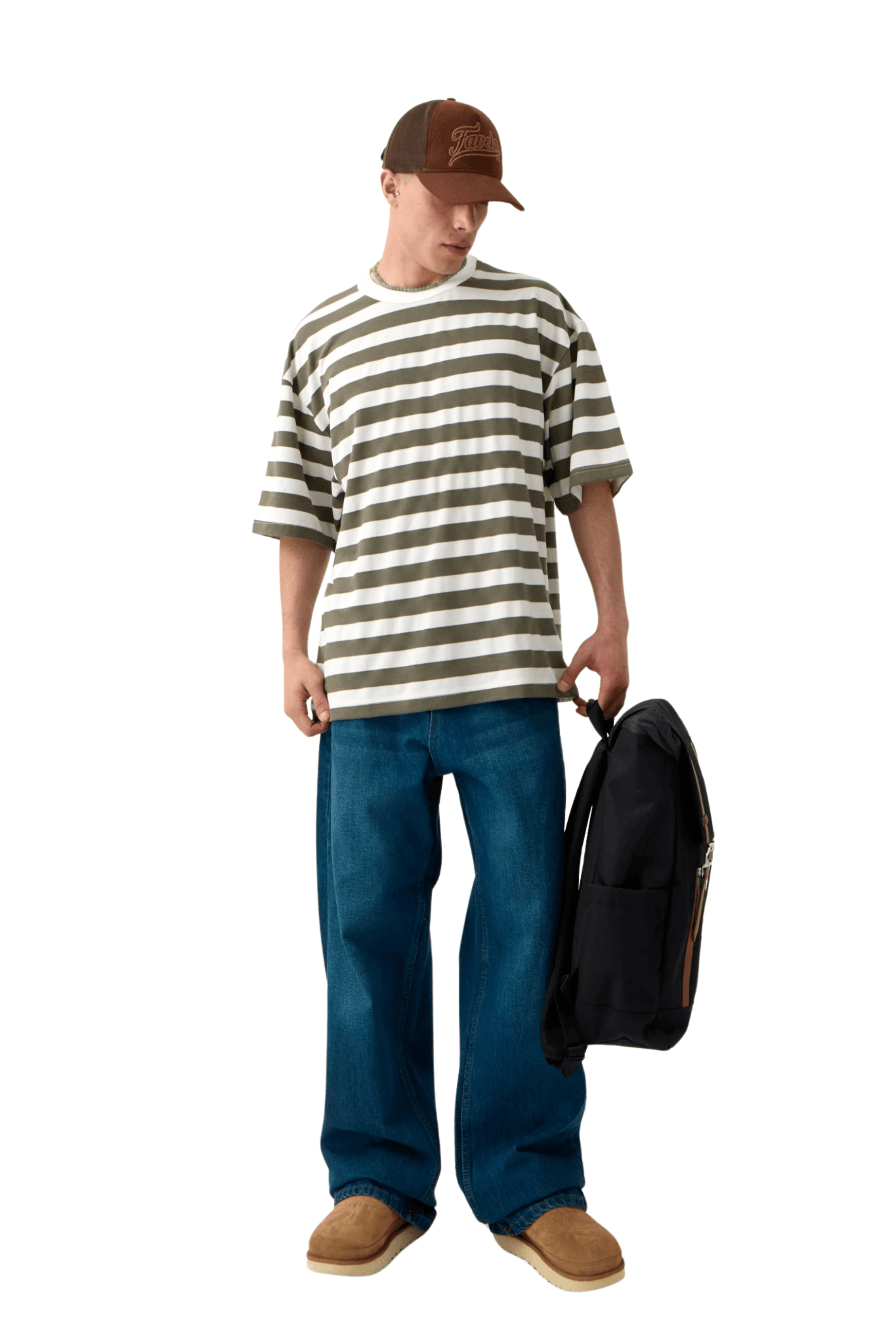 Yatay Çizgili Basic Oversize Tişört - YEŞİL
