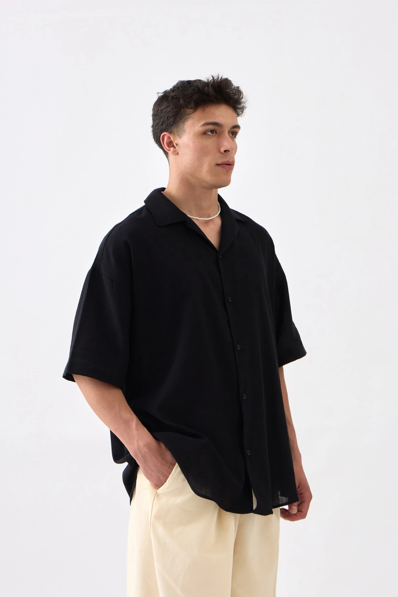 Oversize Kısa Kol Keten Gömlek