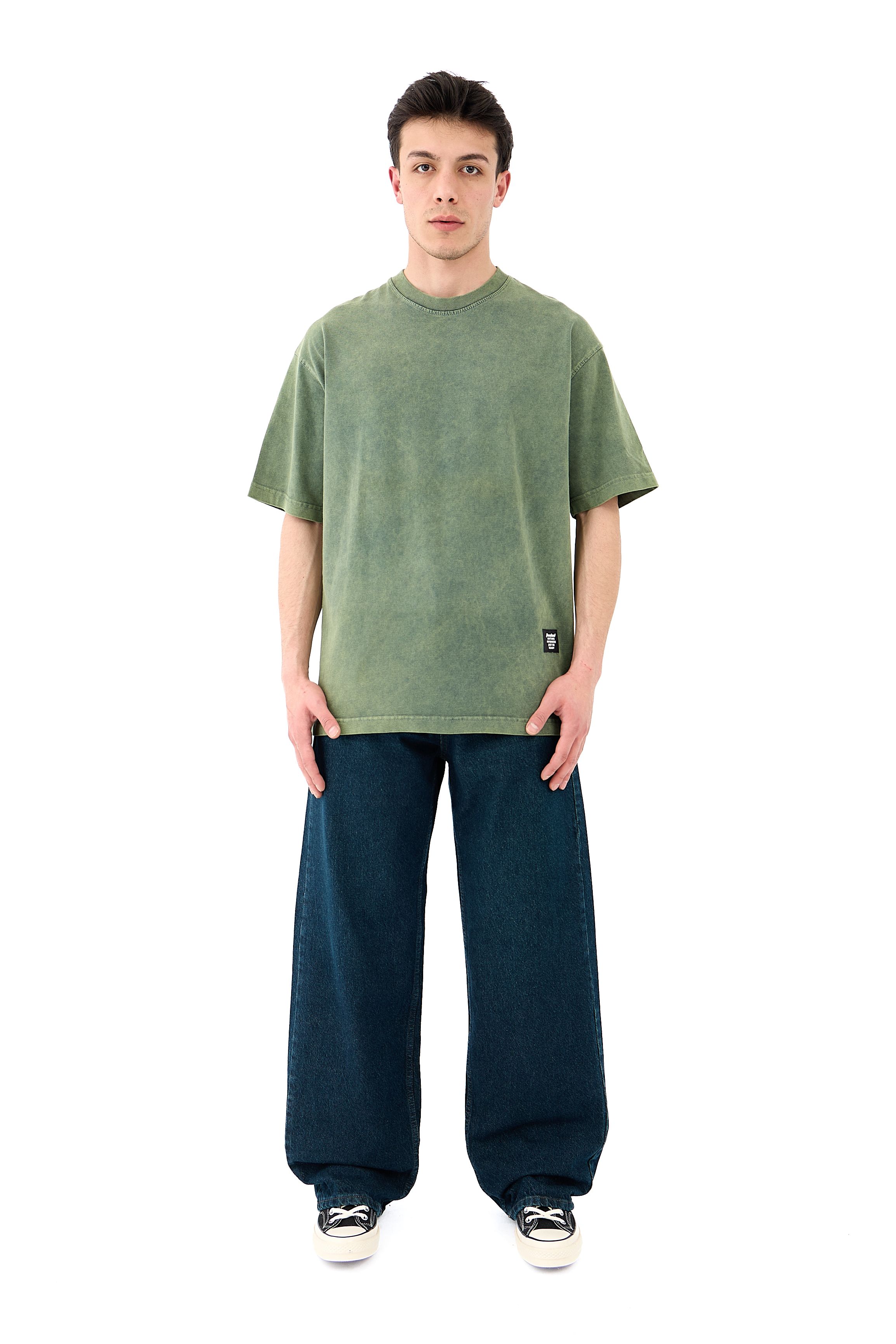 Acid Washed Basic Oversize Tişört - YEŞİL