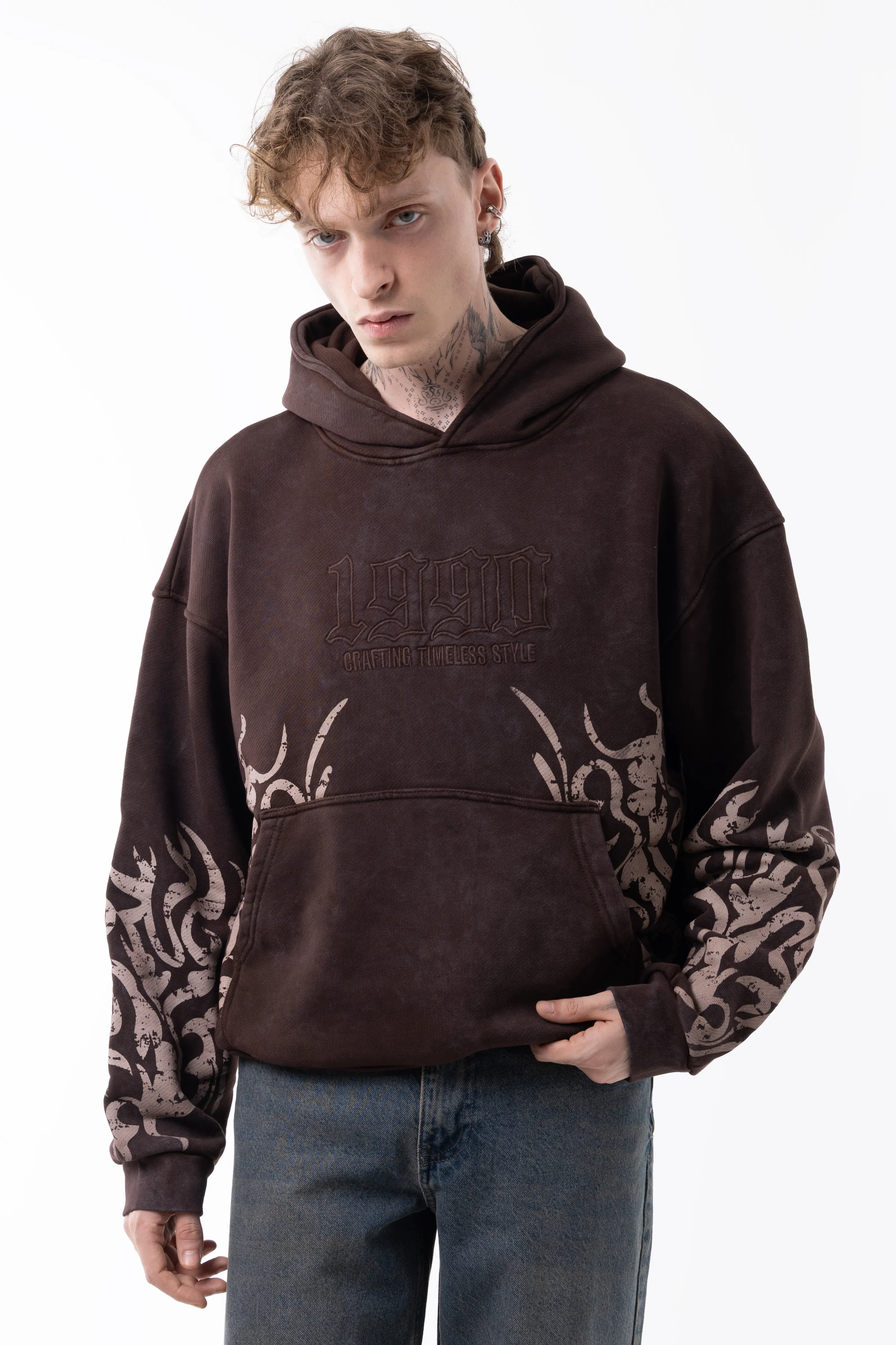 1990 ACİD WASHED HOODİE - KAHVERENGİ