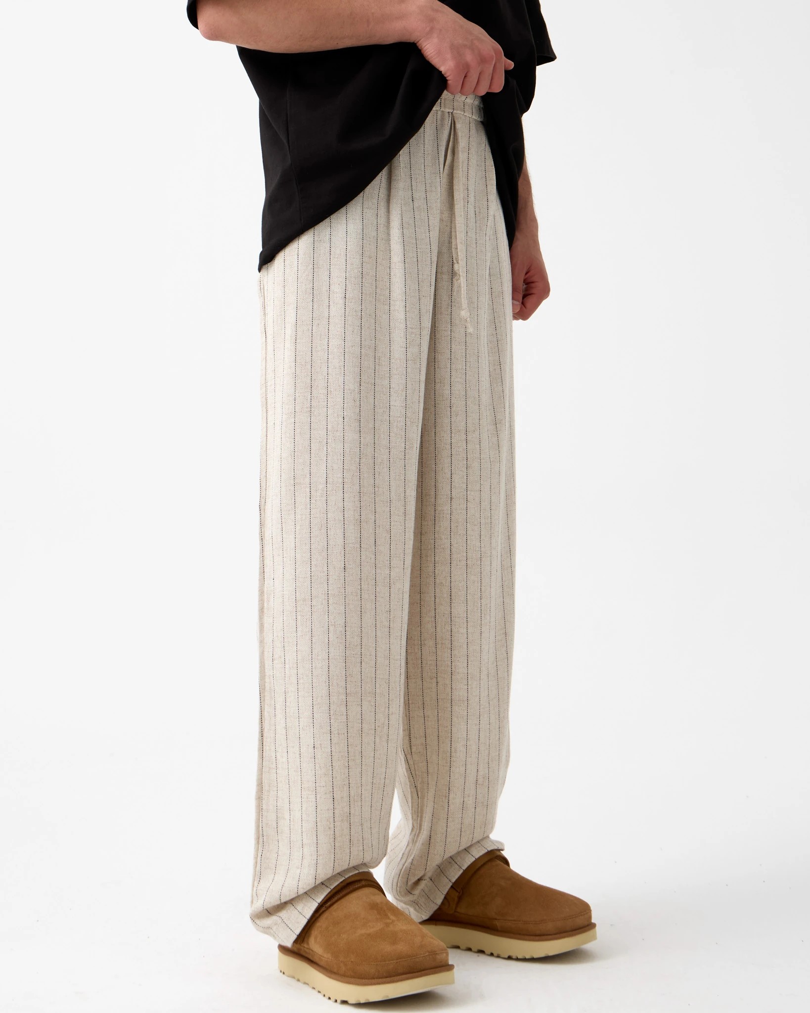 Bel Detaylı Baggy Fit Keten Pantolon