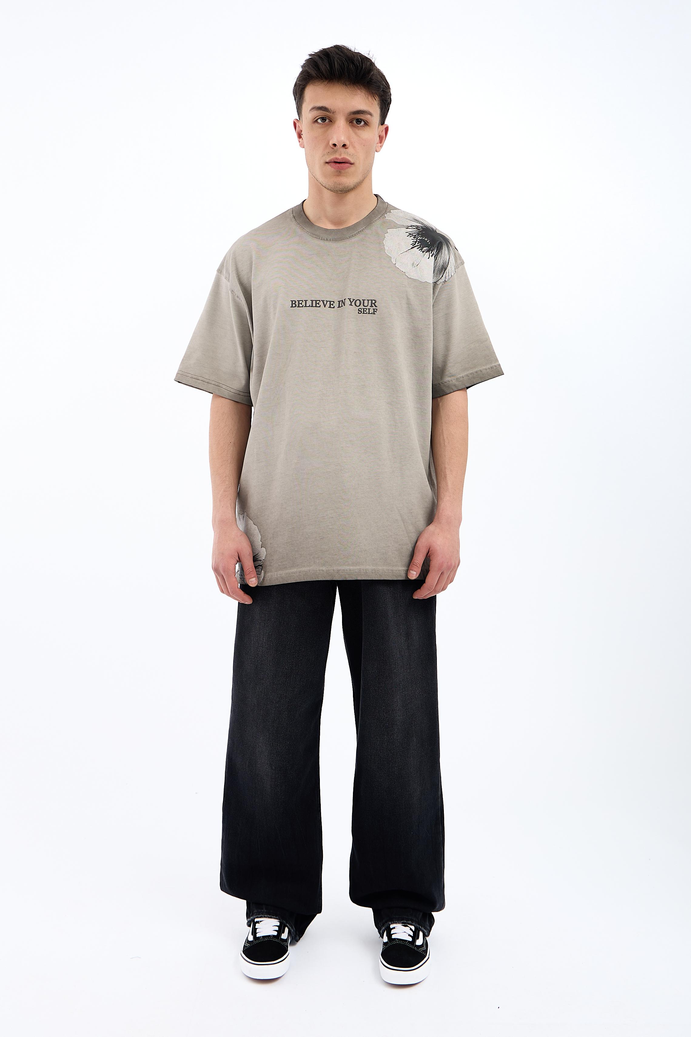  FLOWER OİL WASHED OVERSİZE TİŞÖRT - GRİ