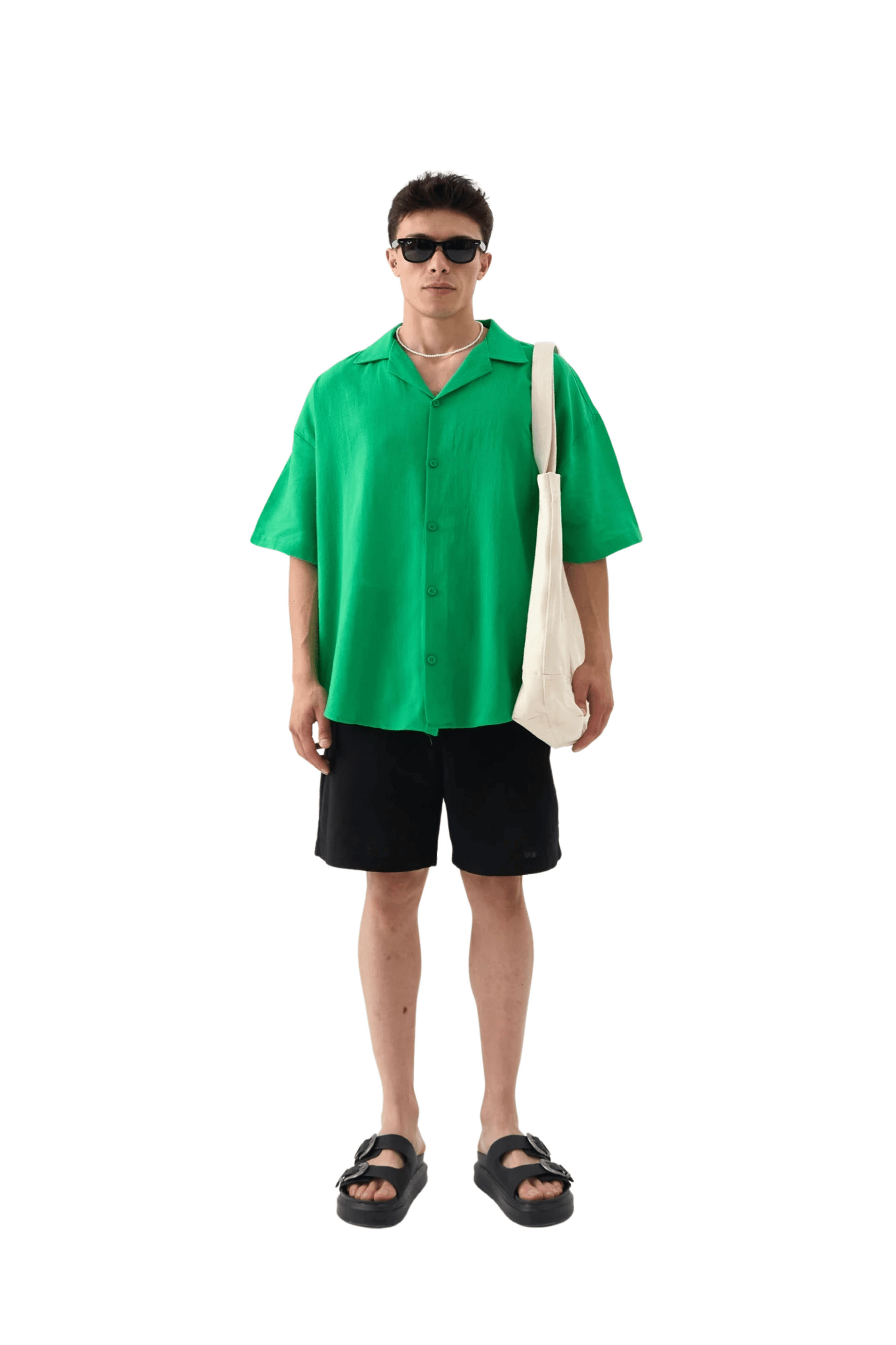 Oversize Kısa Kol Keten Gömlek - YEŞİL