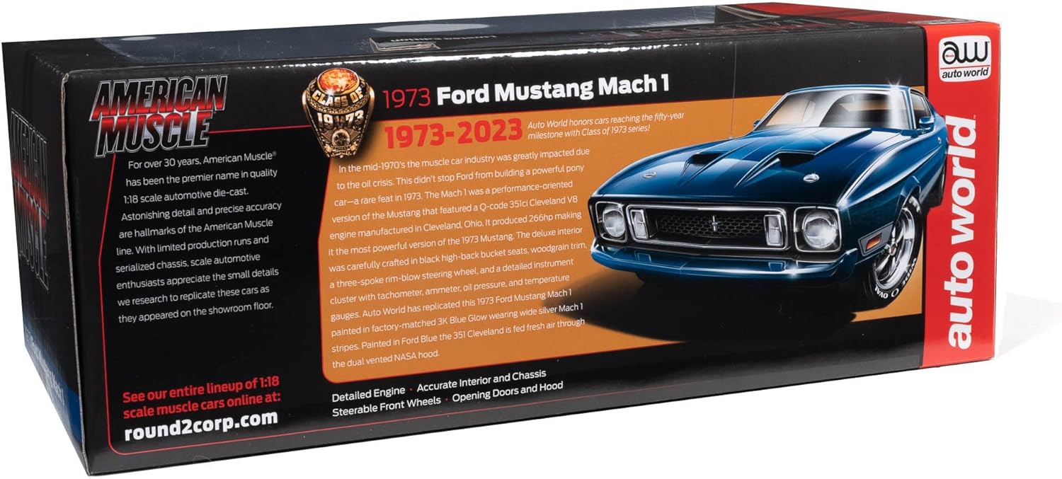 American Muscle AMM1323 1/18 Ölçek 1973 Ford Mustang Mach 1 *Class Of 1973*, Mavi Glow