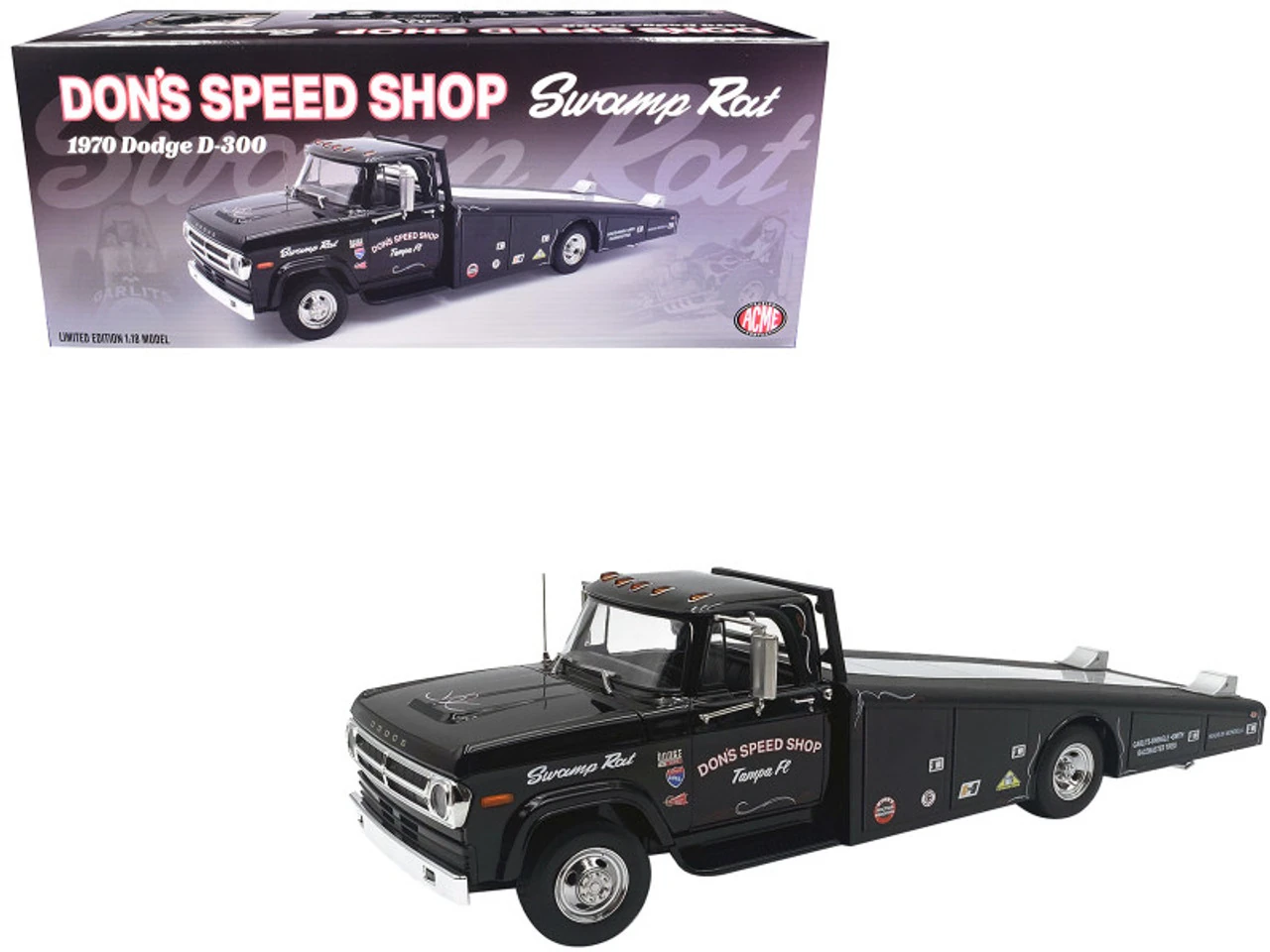 Acme 1/18 1970 Dodge D300 Ramp Truck Don's Speed Shop, Black