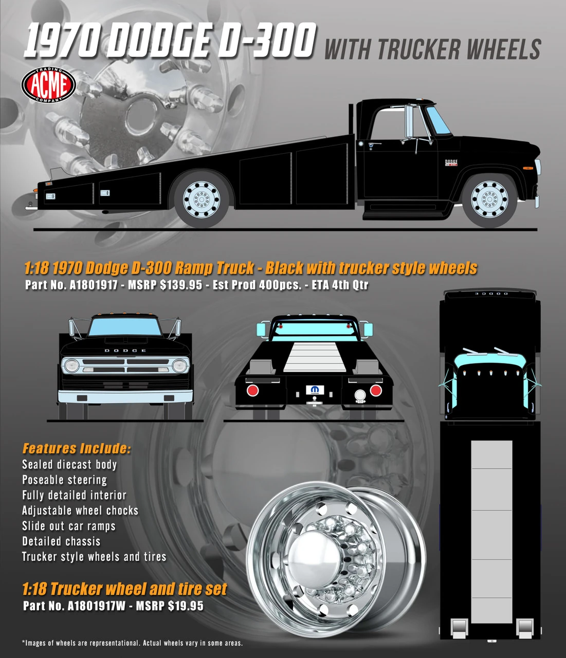 Acme 1/18 1970 Dodge D300 Ramp Truck Don's Speed Shop, Black