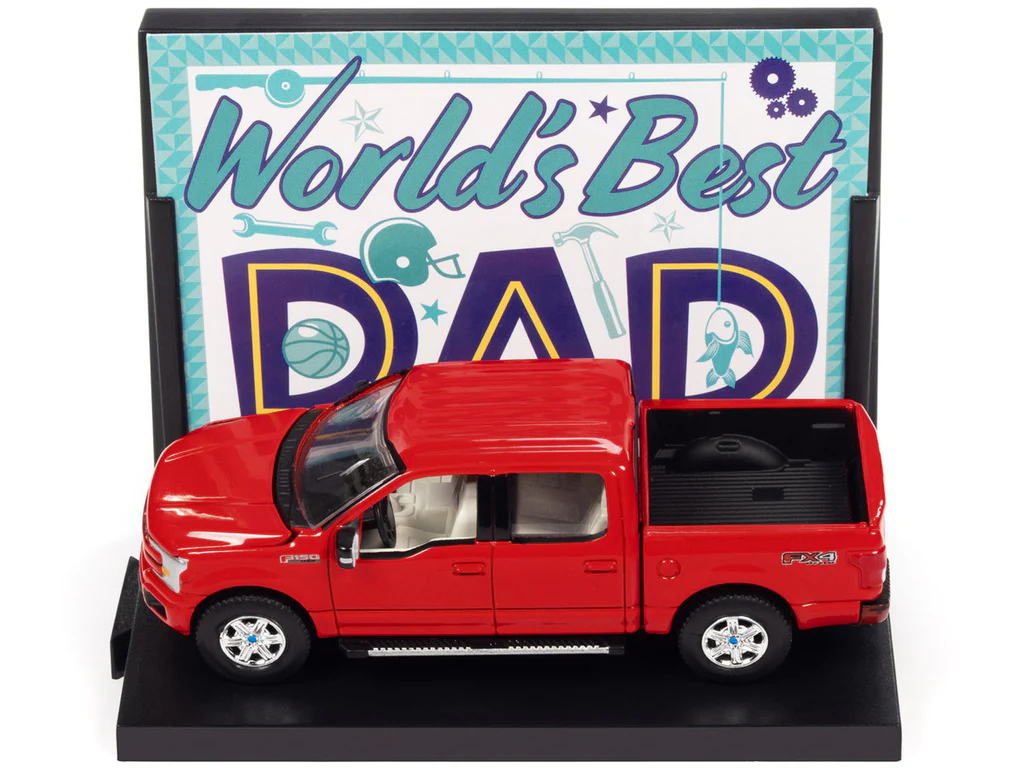 Autoworld | Awac017Ford | 1/64 2018 Ford F-150 Lariat Pickup Truck With Base & Trading Card *World Best Dad*, Kırmızı