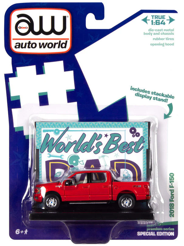 Autoworld | Awac017Ford | 1/64 2018 Ford F-150 Lariat Pickup Truck With Base & Trading Card *World Best Dad*, Kırmızı