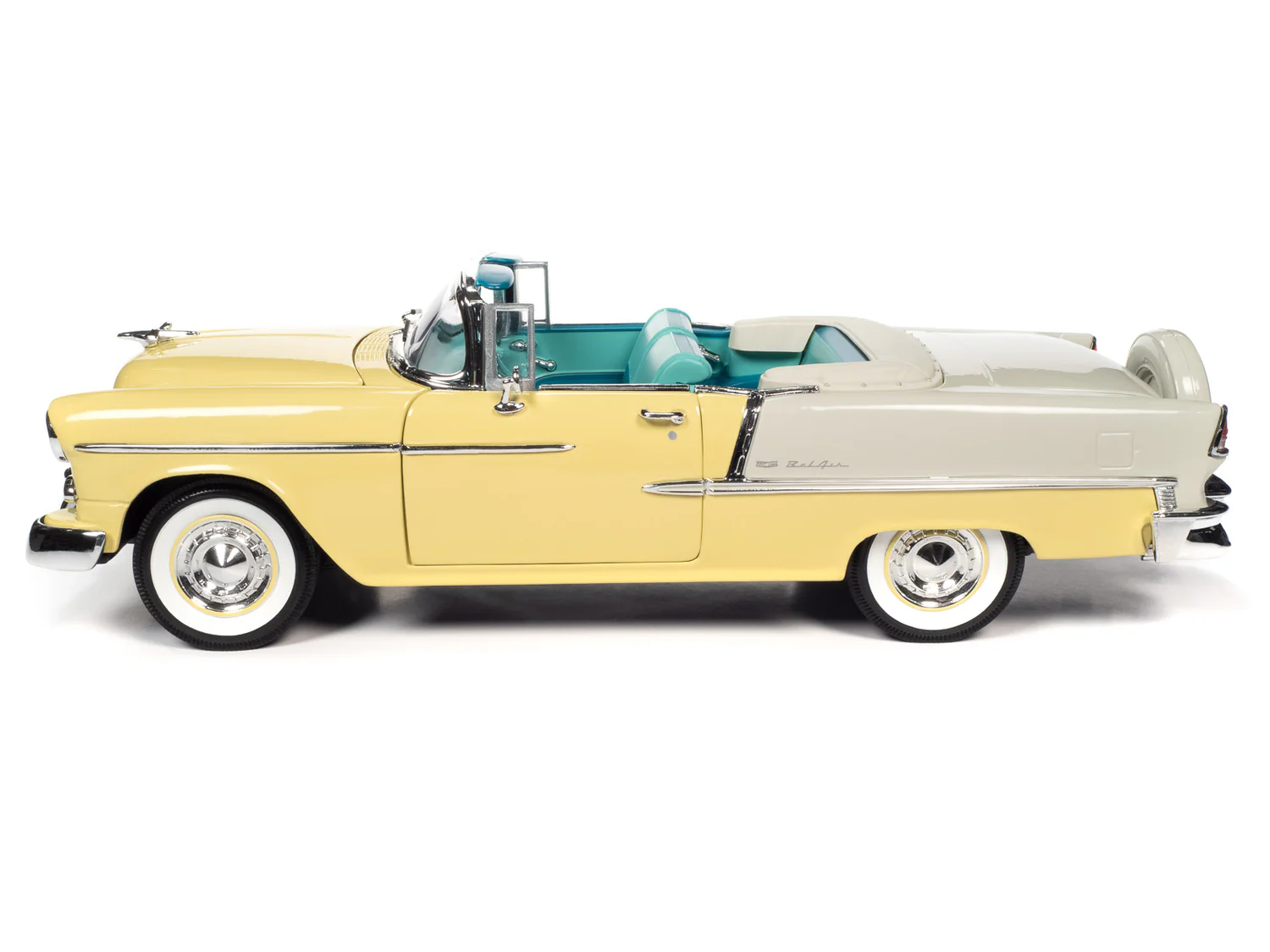 American Muscle AMM1285 1/18 Ölçek 1955 Chevy Bel Air Convertible, Harvest Altın & India Fildişi