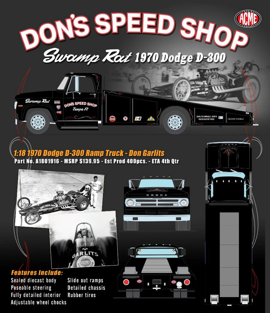 Acme 1/18 1970 Dodge D300 Ramp Truck Don's Speed Shop, Black