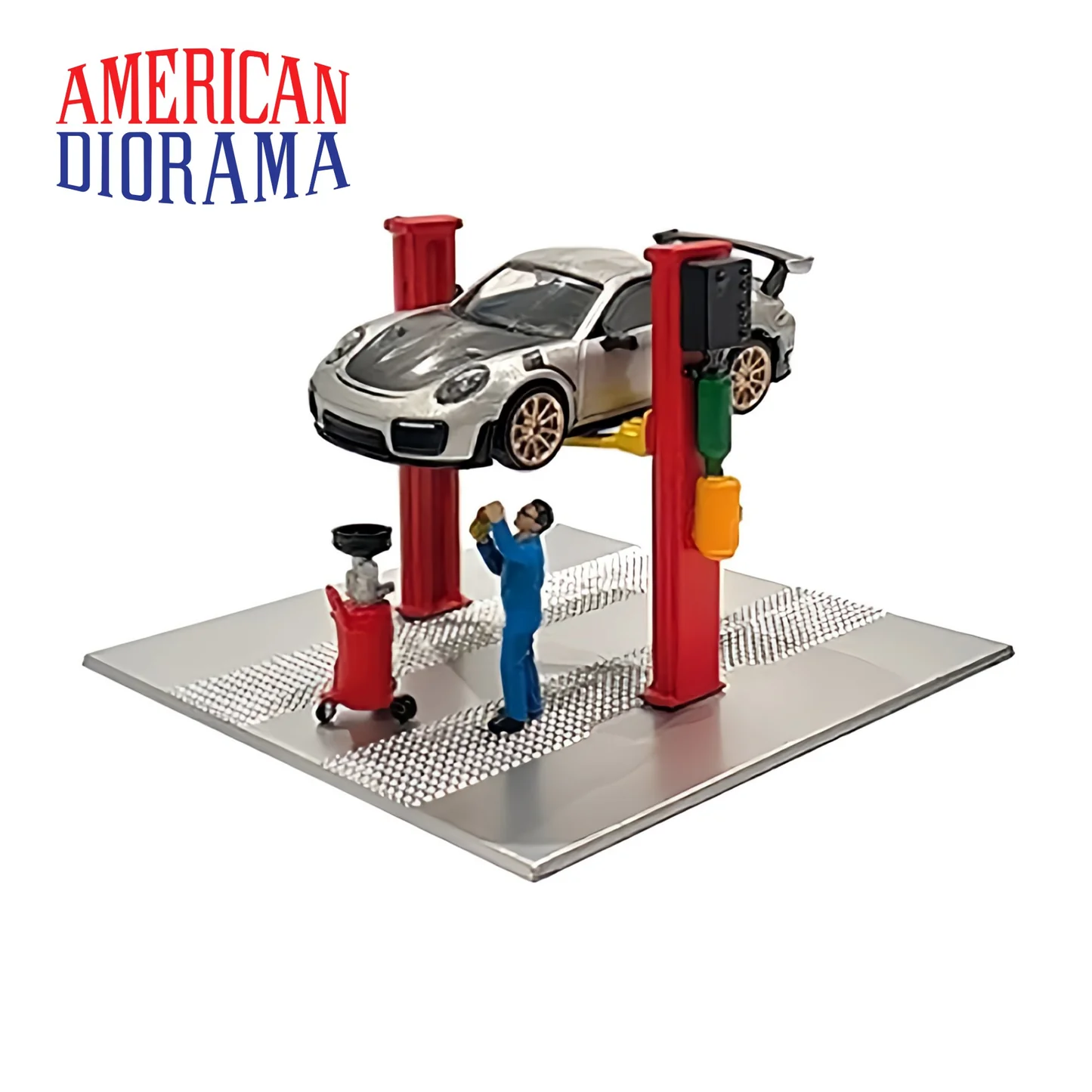 American Diorama | Ad38375 | 1/64 2 Post Lift With Oil Drainer & Mechanic Figure, Kırmızı