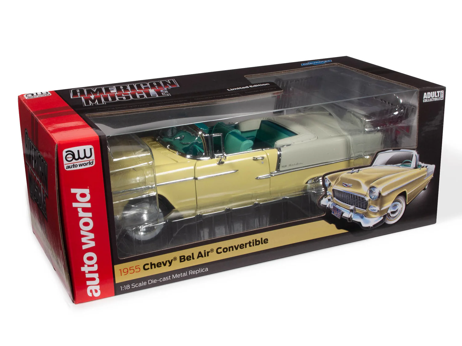 American Muscle AMM1285 1/18 Ölçek 1955 Chevy Bel Air Convertible, Harvest Altın & India Fildişi