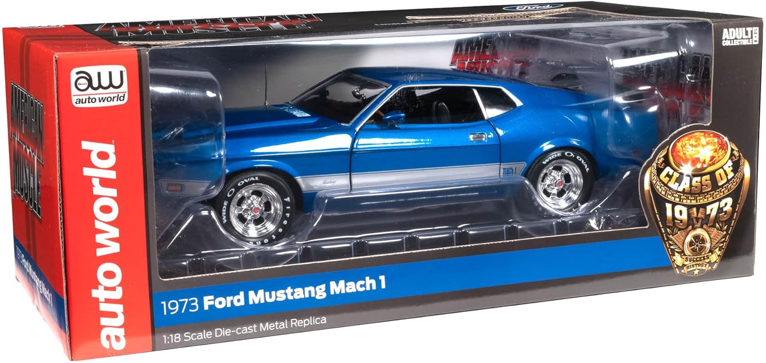 American Muscle AMM1323 1/18 Ölçek 1973 Ford Mustang Mach 1 *Class Of 1973*, Mavi Glow