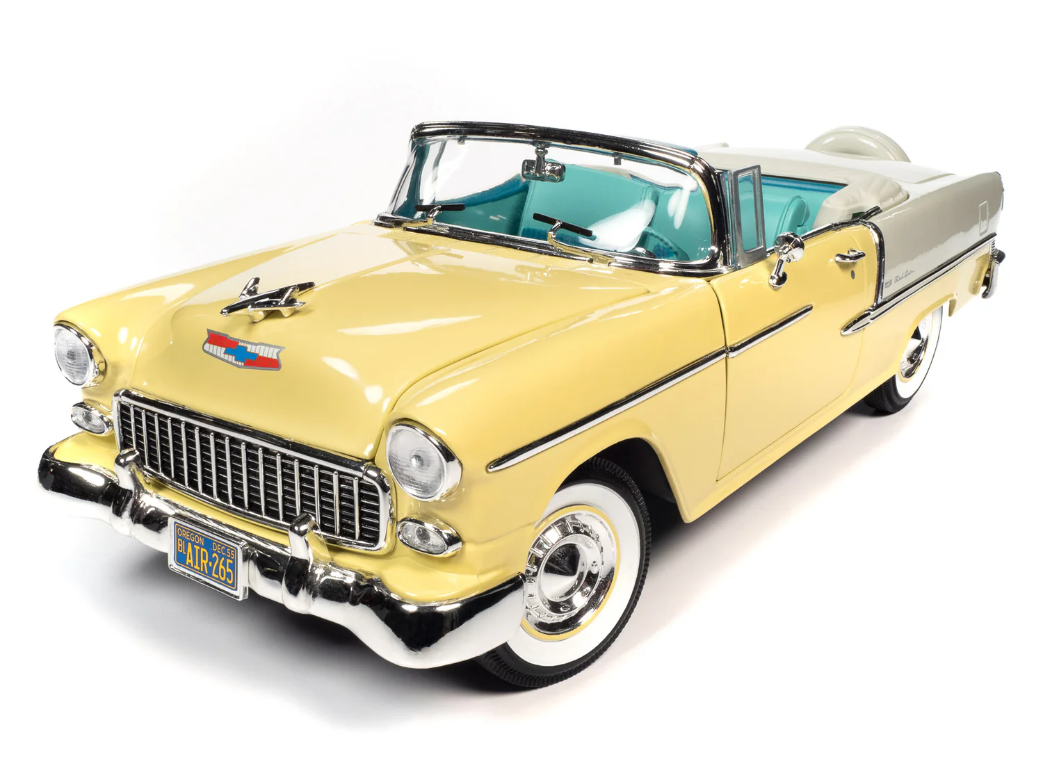 American Muscle AMM1285 1/18 Ölçek 1955 Chevy Bel Air Convertible, Harvest Altın & India Fildişi