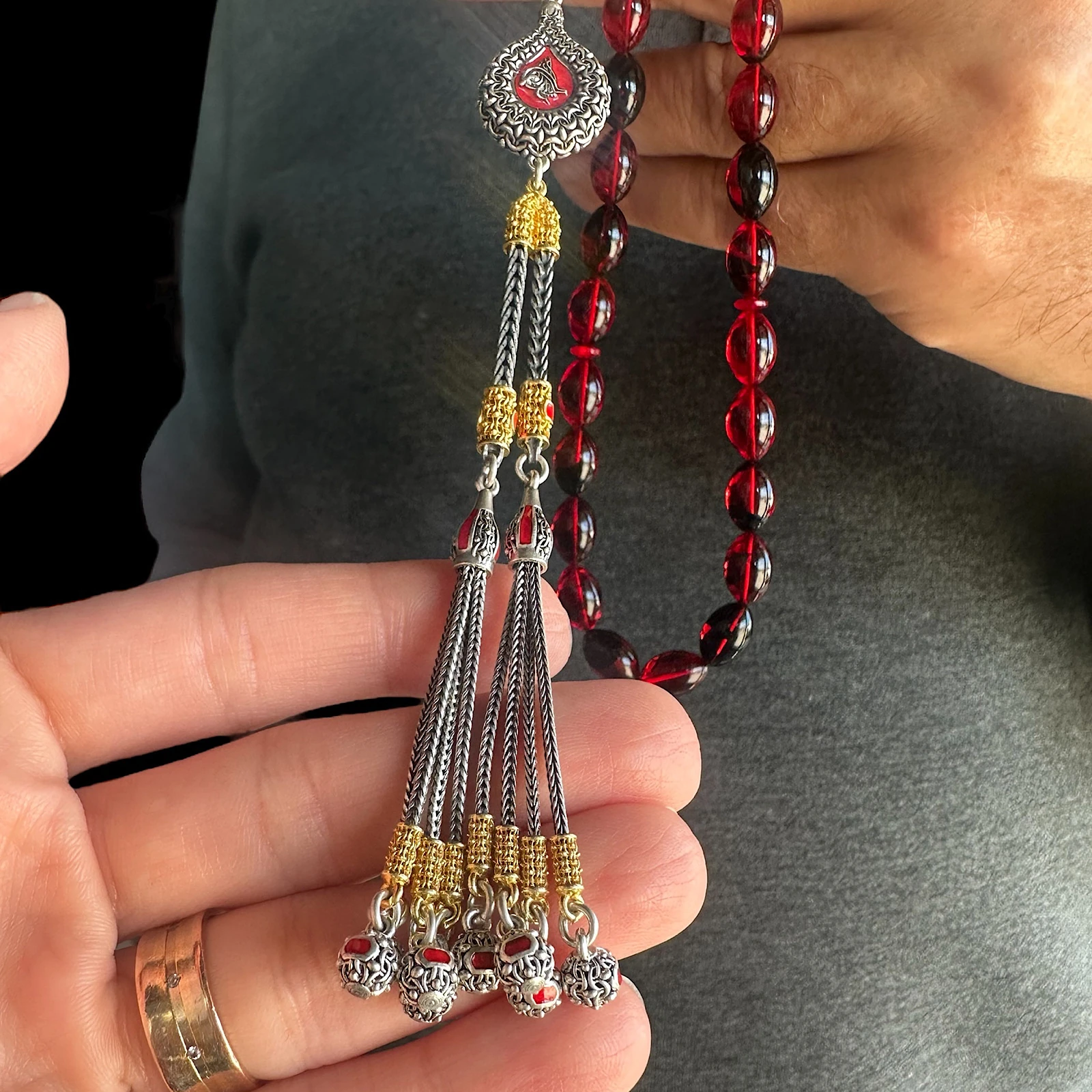 Sıkma Kehribar 925 Ayar Gümüş İmame Tesbih