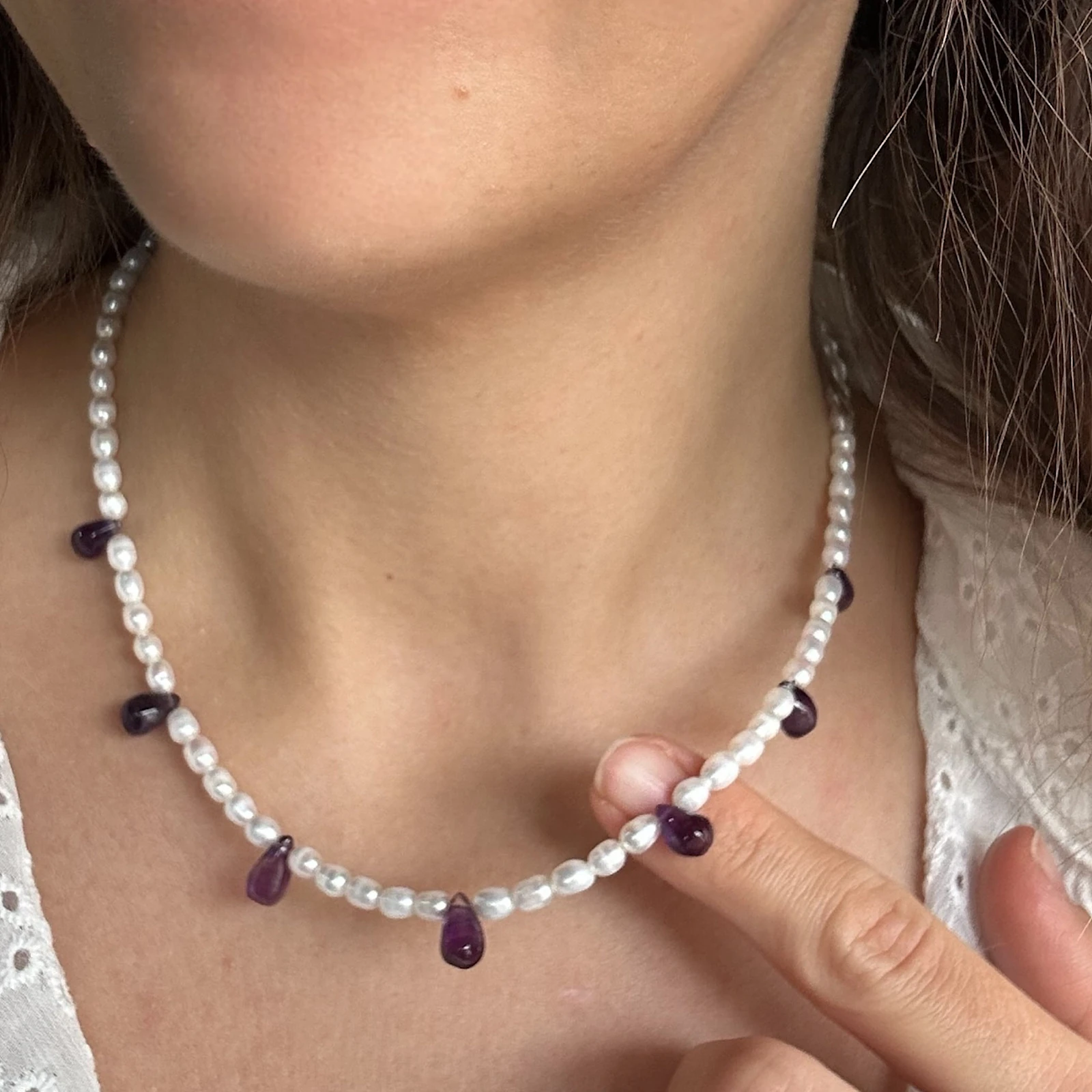 Damla Ametist Detaylı Arpa İnci Kolye