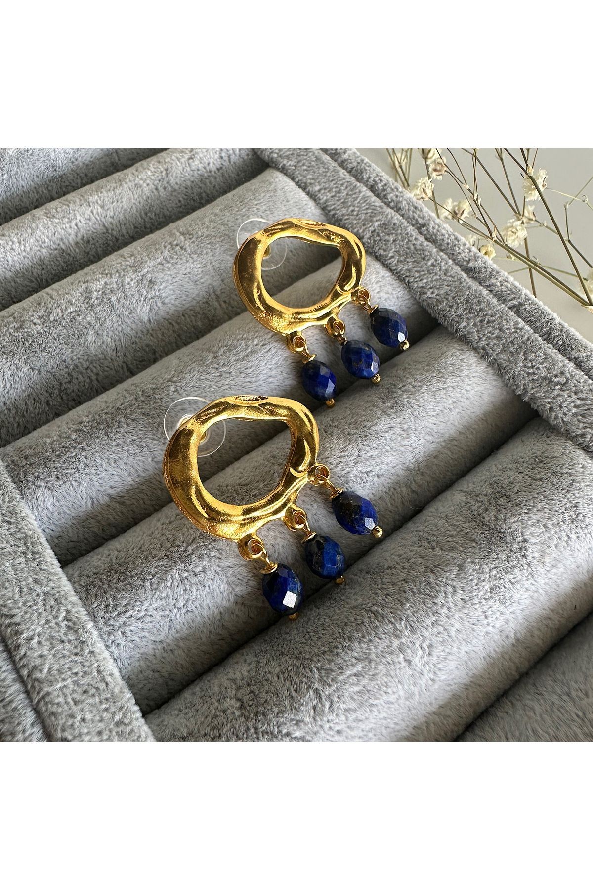Sallantılı Üçlü Lapis Lazuli Doğaltaş Küpe